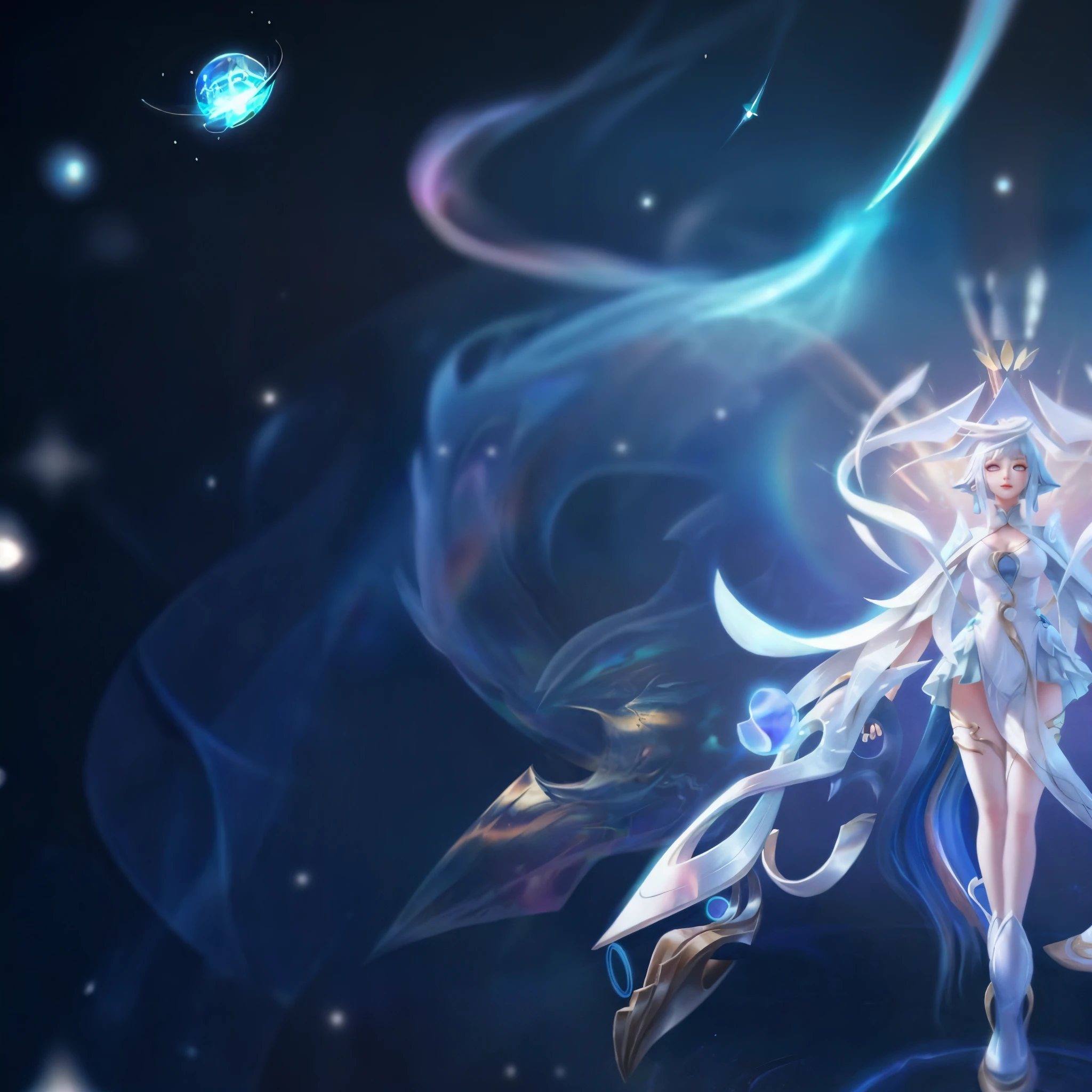 a close up of a woman with a long dress on a blue background, ethereal essence, astral fairy, beautiful celestial mage, ethereal skin, full body xianxia, white haired deity, goddess of galaxies, goddess of light, white glowing aura, irelia, by Yang J, astral ethereal, seraphine ahri kda, heise jinyao