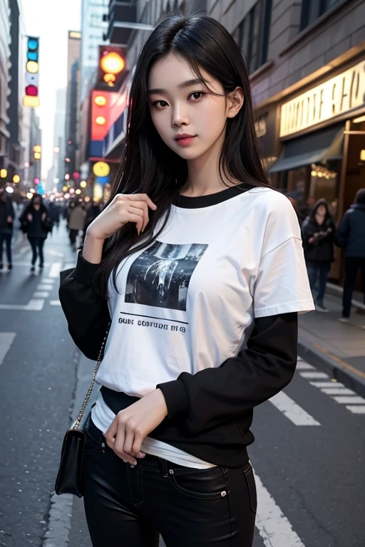 Standing on a street corner (((1 boy))) ((the whole body is visible)), he is a man. Far from the viewer. He is beautiful, sexy and young like Korean idol Hyunjin. He is slender, tall and has good style. He has center-parted black hair with shiny smooth hair. He's grinning. He's looking straight at us. He wears a long black T-shirt and black skinny pants. Camera focused on her face, face light, very large aperture, ((f / 1.2)), shallow depth of field, strong background lens blur, ISO 3000, auto white balance, highly detailed professional lighting, soft light, raw photos, UNIQLO fashion models, top quality, masterpieces, award-winning photos, huge file size, 8K, high resolution, Shot with Sony DSLR