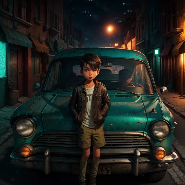 A boy with a car drink rad vine street futuris tic background realistid