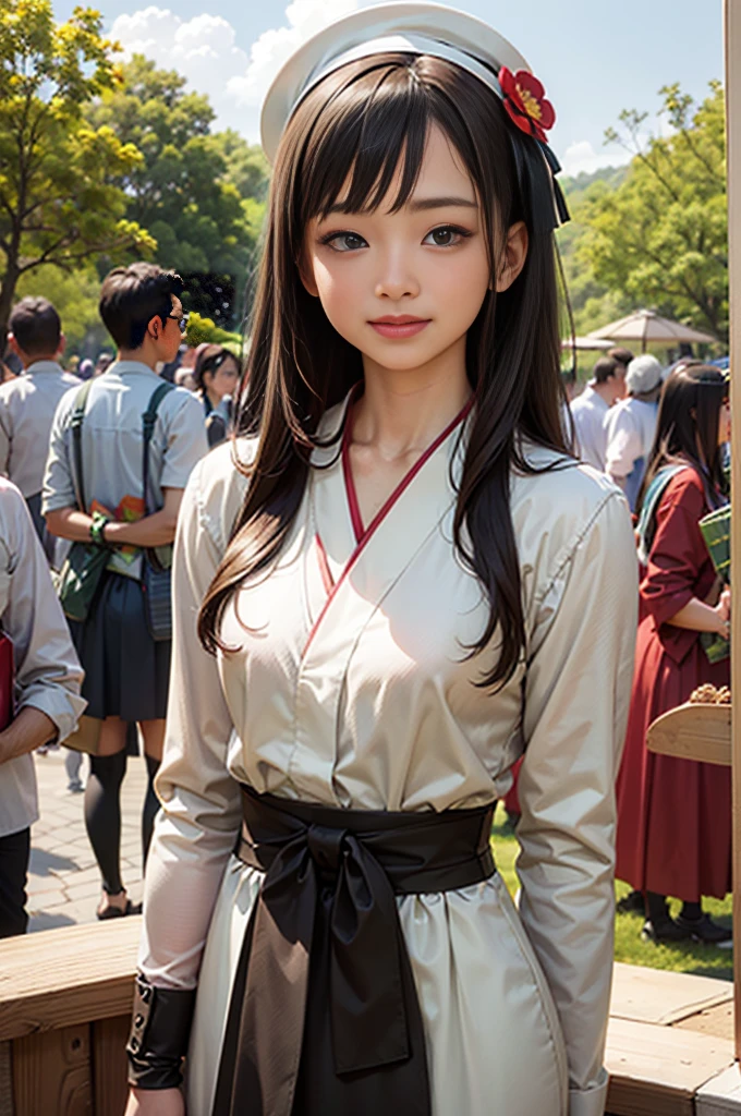 masterpiece, top-quality, detaileds, realistic, 1人の女性, Woman in blue dress standing in front of crowd and smiling, Japanese portrait , chiho, Larisa Manobal, a young asian woman, taken with canon eos 5 d mark iv, the face of a beautiful Japanese girl, cute young woman, Tropical islands, square
