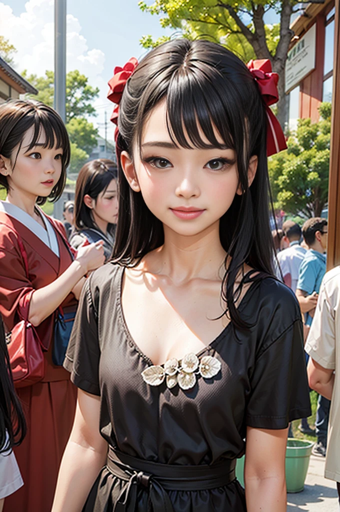 RAW photography, tmasterpiece, Petite, Very young Japanese woman with very long hair, Without bra, no panty, completely naked, Calm, I'm happy with myself, among the crowd of classmates, who look at her with surprise and interest, Maximum possible anatomical realism, As much detail as possible, Absolute photorealism, extra high resolution, Maximum Quality