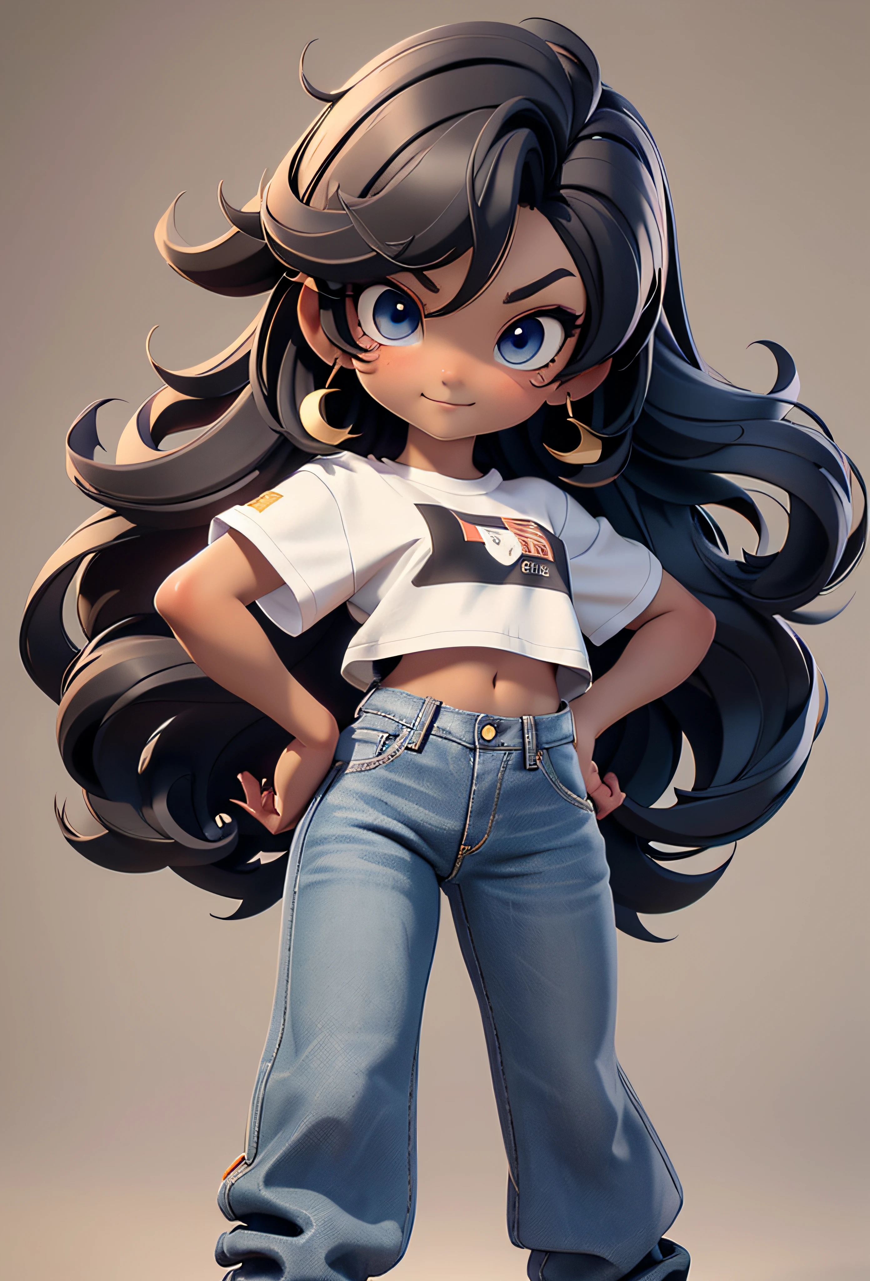 masterpiece, best quality, detailed face, detailed eyes, sharp focus, 3d render. full body, a chibi cute girl, subtle smile, ((tan skin tone)), fine hair, middle-parted black hair, long hair, straight hair, tomboy, slim body shape, black crop top, short sleeved shirt, (((wide-bottom jean))), oversized sneakers, confident pose, hands on hips. (Face focus:1.3).