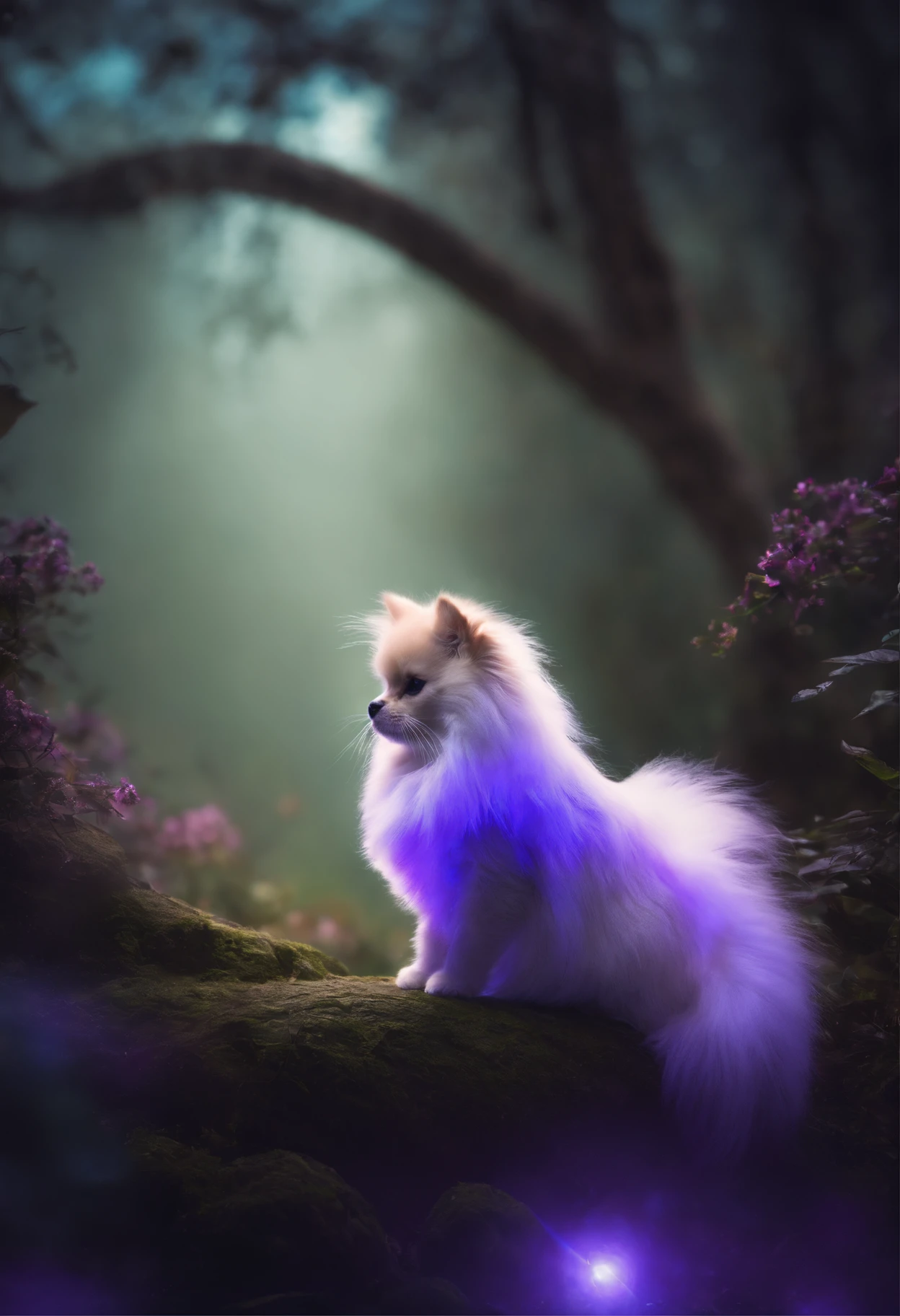 Transparent and ethereal alien Pomeranian long-haired cat,Glows blue-purple light,Glow effects,the night,中景 the scene iull body like, highly detailed surreal vfx,oc rendered,Shoot with 70 mm - AR