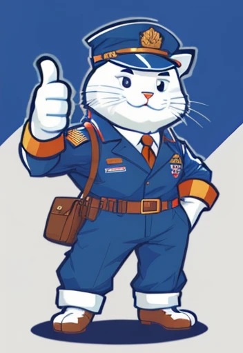 Wearing commander's clothes,Cat wearing commander hat giving thumbs up, Mascot illustration,anthropomorphic cat, macho pose, com mascot,full body mascot,comic character design, high quality character design, inspired by Tom Whalen,