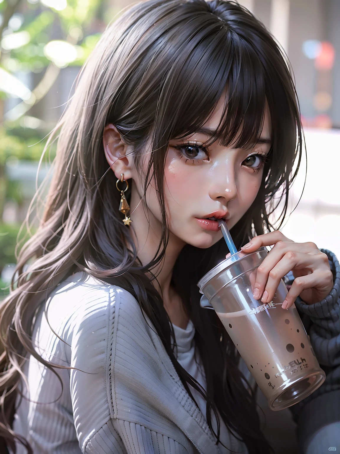 anime girl with long hair drinking a drink out of a plastic cup, artwork in the style of guweiz, guweiz, smooth anime cg art, attractive anime girl, anime girl drinks energy drink, beautiful anime girl, realistic young anime girl, realistic anime 3 d style, mysterious coffee shop girl, detailed portrait of anime girl, beautiful anime portrait