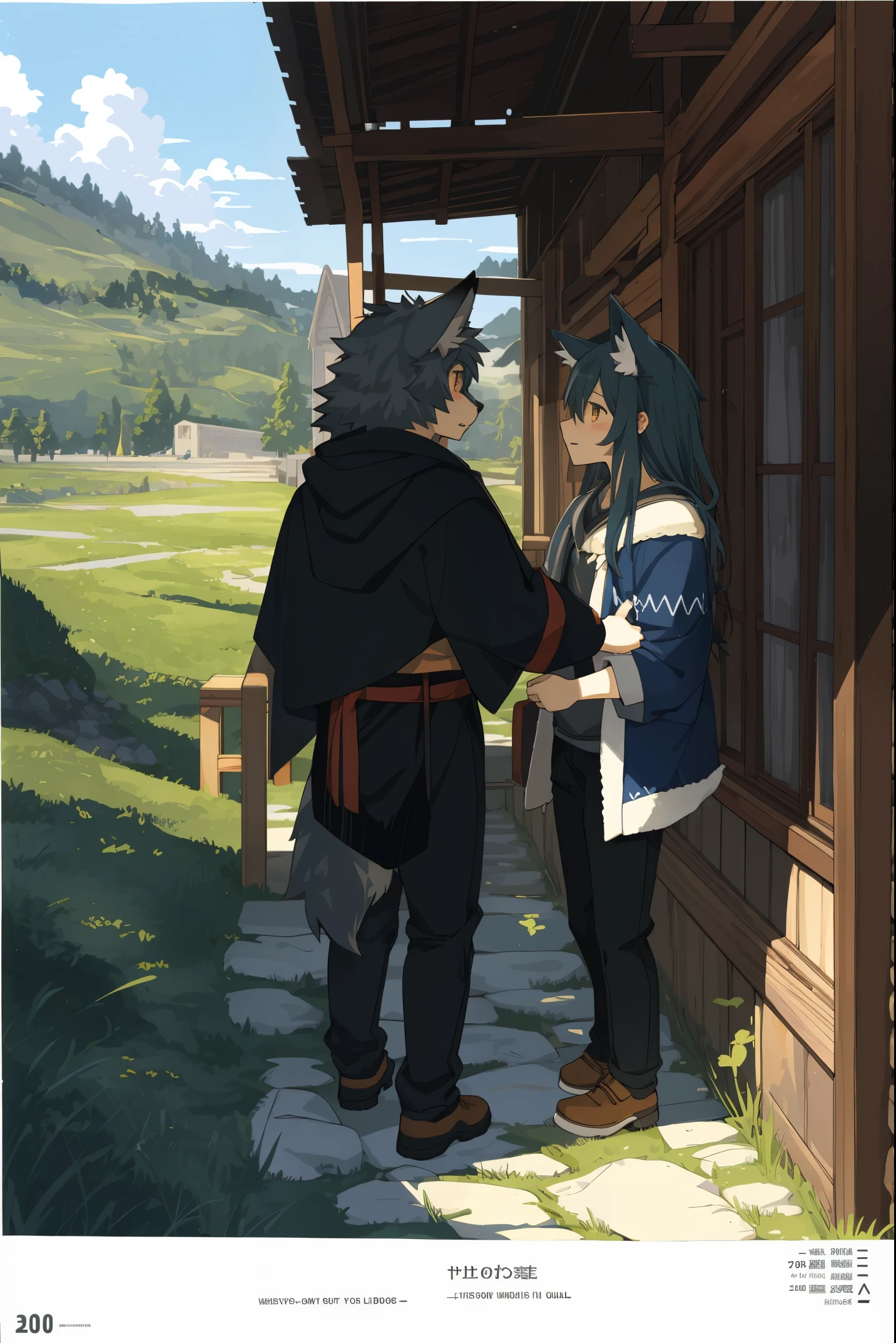 High-quality illustrations, doujinshi cover_page, highres, absurdres, High-quality illustrations, super high resolution, detailed background, The story of the meeting of a girl and a wolf,