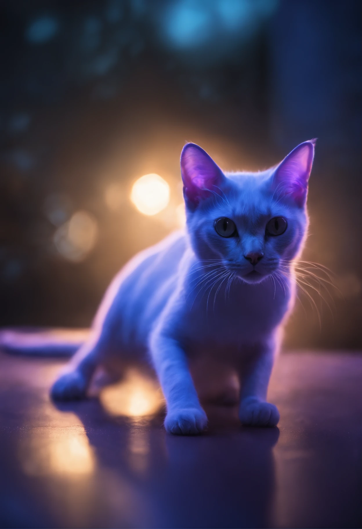 transparent ethereal cat,Emit blue-purple light,glowing effect,natta,Medium shot my body is like, Highly detailed and hyper-realistic visuals,oc rendered,Shot using 70mm-AR