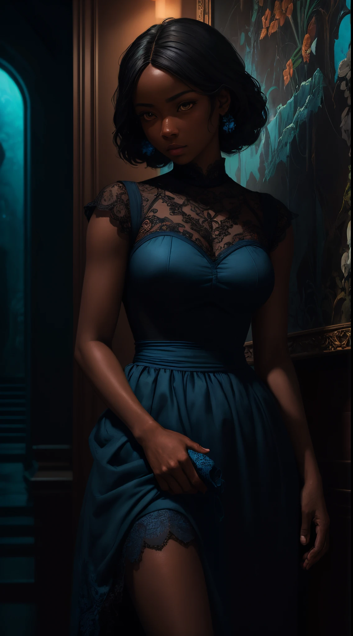 A brief moment of calm, {beautiful black woman with cinnamon skintone, dark skin 1:3}, big realistic eyes, elegant neutral color lace dress, juxtaposed against the vibrant colors of a wabi sabi aesthetic wall tapestry in the background. Colors of vibrant peach and deep cyan blue, sof highlighting, detailed, intricate , in the style of James Jean and Thomas Kincaid , chiaroscuro, beautiful, masterpiece, behance award winning, oil painting, romanticism, best quality