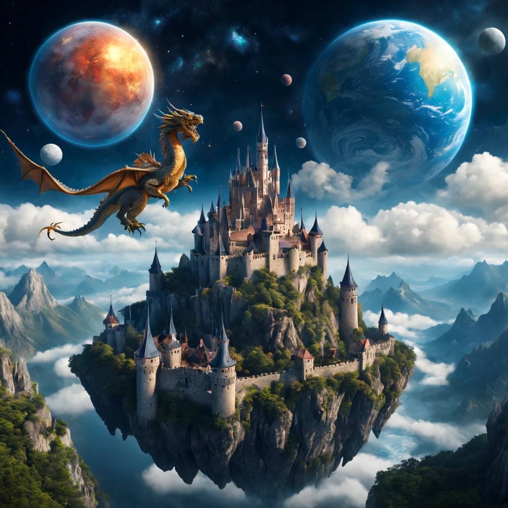 ((Medieval European castle floating in space)),Floating castle,A robot named Hiryu made of inorganic materials is flying around.,((Dragon rider in spacesuit)),beautiful and majestic scenery,,Earth seen from space,A dream-like scene that combines medieval and science fiction,solemn atmosphere of the Middle Ages,Sci-Fi Light Effects,planets and satellites visible in the distance,stardust,Starshine,Complex colors,​masterpiece