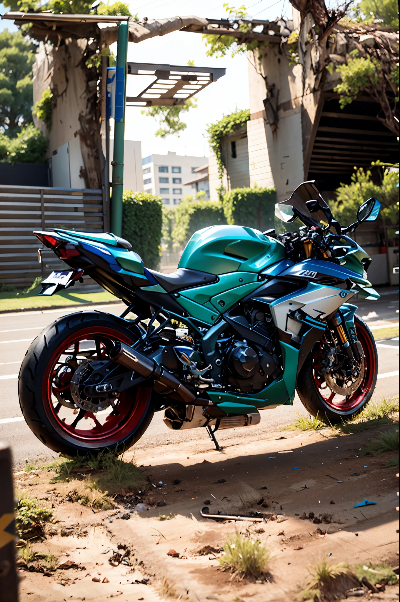 motorcycle parked in the grass near a soccer goal on a field, front side full, yoshimura exhaust, front side views full, blue red, cr3, f32, f 3 2, black blue, motorcycle, lowres, rear-shot, glossy blue armor, front side, back facing, side front view, rear shot, green blue yellow , blur background