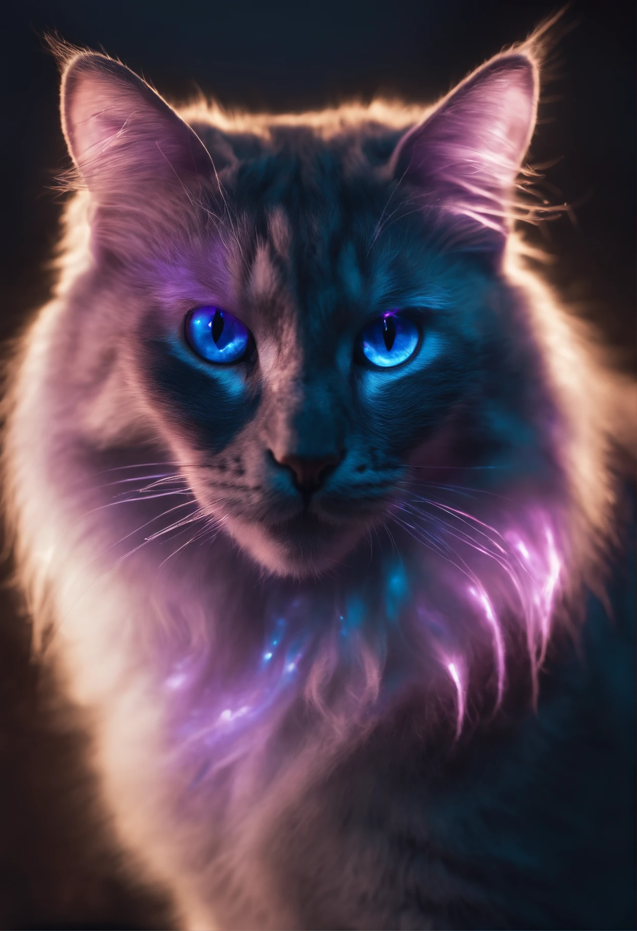 transparent ethereal cat，Emit blue-purple light，glowing effect，natta，Medium shot my body is like， Highly detailed and hyper-realistic visuals，oc rendered，Shot using 70mm-AR