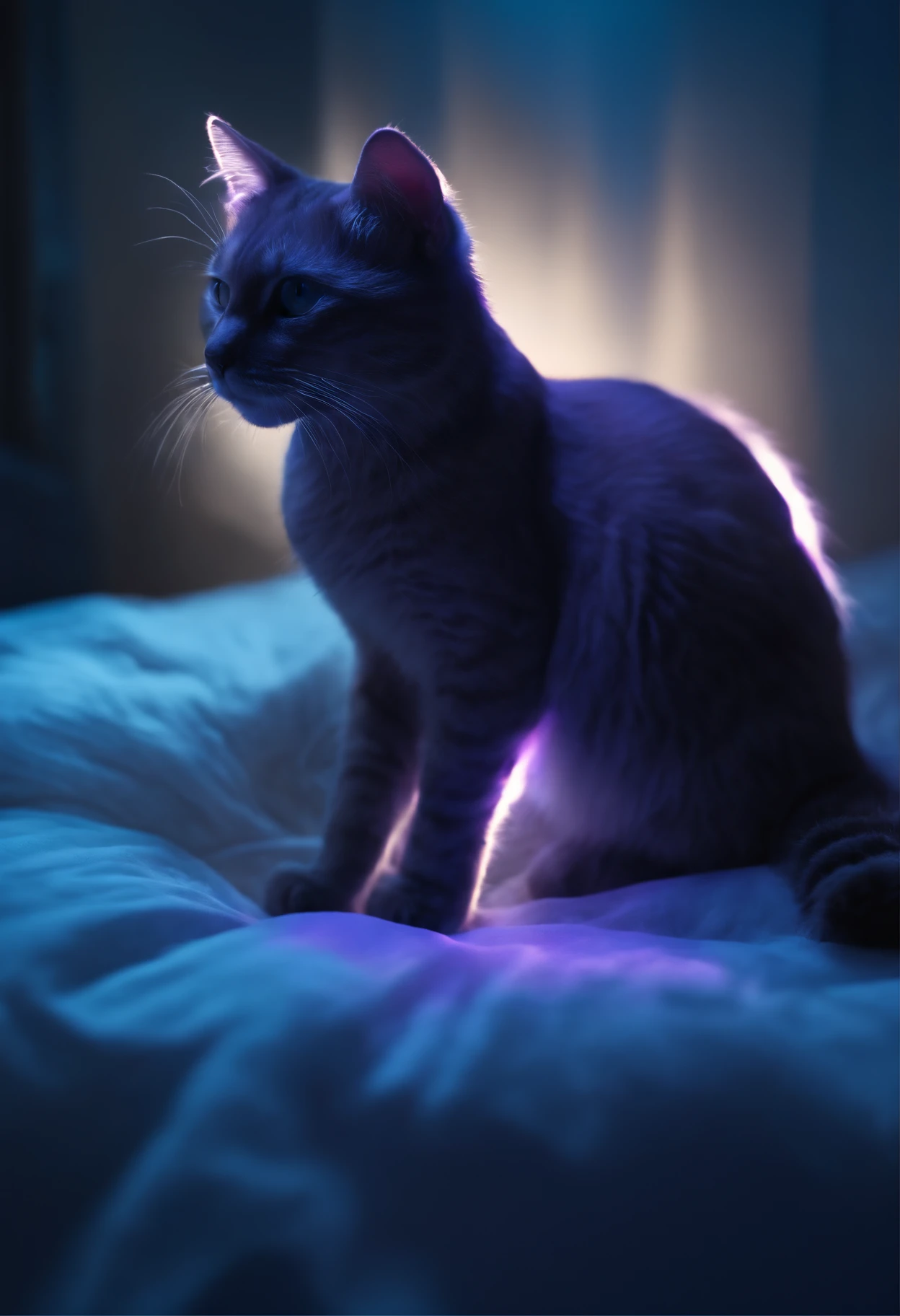 transparent ethereal cat,Emit blue-purple light,glowing effect,natta,Medium shot my body is like, Highly detailed and hyper-realistic visuals,oc rendered,Shot using 70mm-AR