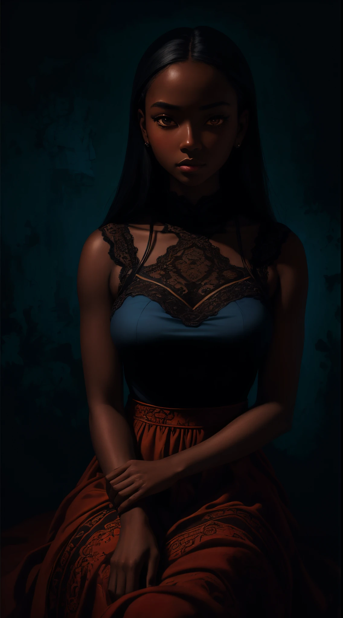 A brief moment of calm, {beautiful black woman with cinnamon skintone, dark skin 1:3}, big realistic eyes, elegant neutral color lace dress, juxtaposed against the vibrant colors of a wabi sabi aesthetic wall tapestry in the background. Colors of vibrant bright peachy coral and deep cyan blue, sof highlighting, detailed, intricate , in the style of James Jean and Thomas Kincaid , chiaroscuro, beautiful, masterpiece, behance award winning, oil painting, romanticism, best quality