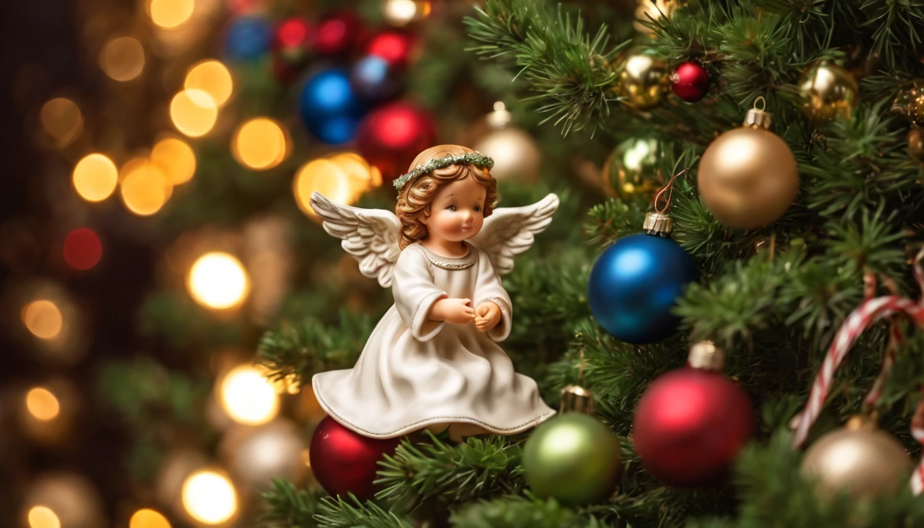 Breathtaking cinematic photo of a real Hyperrealistic christmas ((close-up photo)) of a beautiful stunning ((christmas tree: 1.5)) decorated with (((mistletoe))) and golden christmas tree decorations, ((little angel: 1.6)) figurine Christmas tree decoration, Christmas tree garlands, golden and red colored Christmas tree balls, ((angel figurines)), in the background multicolored led lights (red, blue, green, yellow), extremely high-resolution details, photorealism, realistic lifelike textures, masterpiece, best quality, sharp focus, photorealism, photorealistic, 8k, volumetric light, (intricate details), hdr, high detailed, high quality, soft cinematic light, dramatic atmosphere, atmospheric perspective, ultra realistic, neutral colors, cinematic lighting, wide angle, film grain, dslr, raw photo, photo,