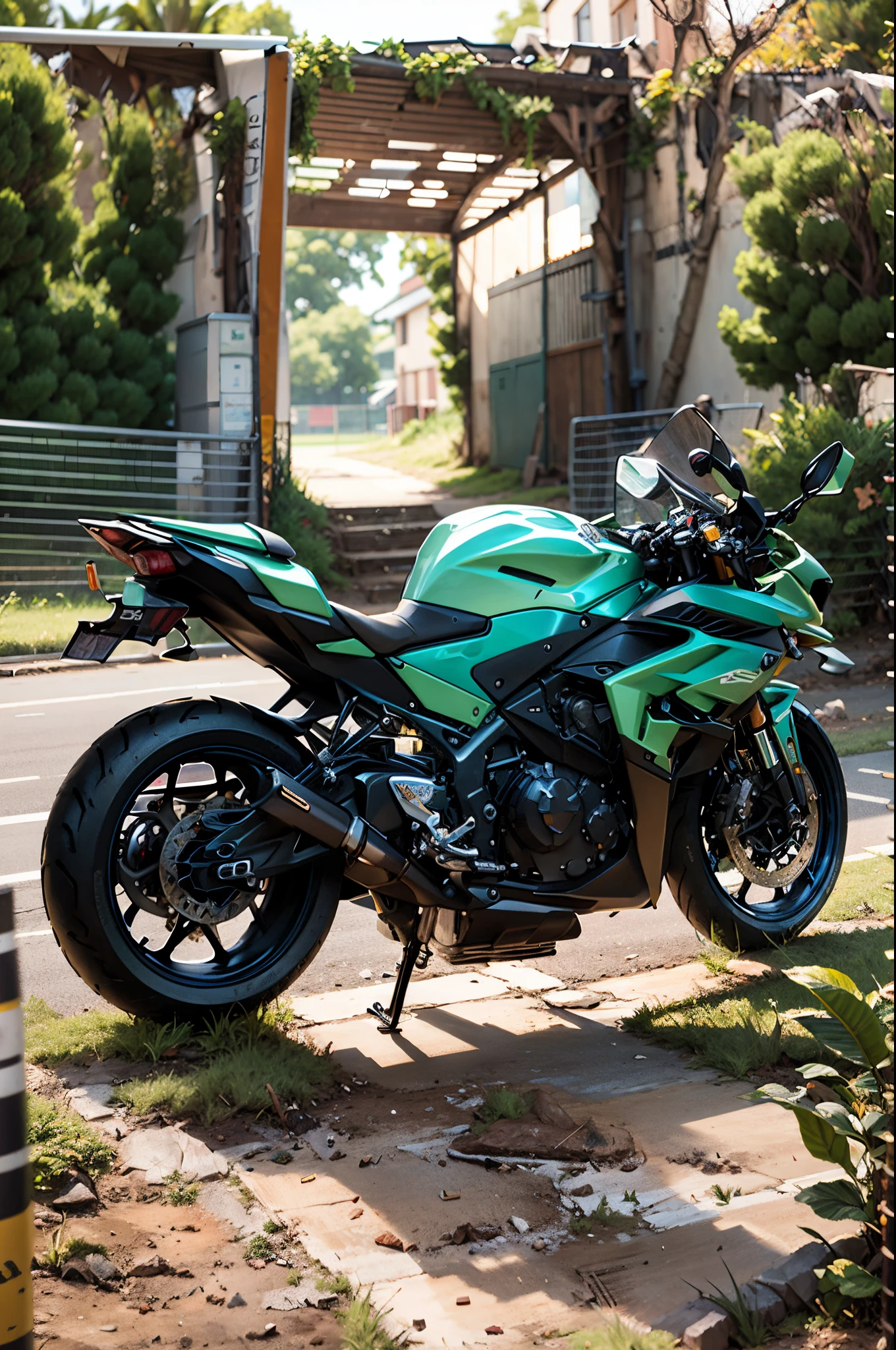 motorcycle parked in the grass near a soccer goal on a field, front side full, yoshimura exhaust, front side views full, blue red, cr3, f32, f 3 2, black blue, motorcycle, lowres, rear-shot, glossy blue armor, front side, back facing, side front view, rear shot, green blue yellow , blur background