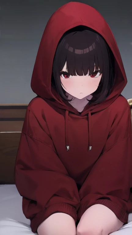 Gothic girl sitting alone in a dimly lit bedroom, her melancholy expression、He is wearing a hoodie that partially hides his face., And her outfit is、amplify the desolate atmosphere，Add an element of mystery to her appearance.red eyes，Lori，male child，Moe Sleeve，cute little，big black hoodie，Bangs