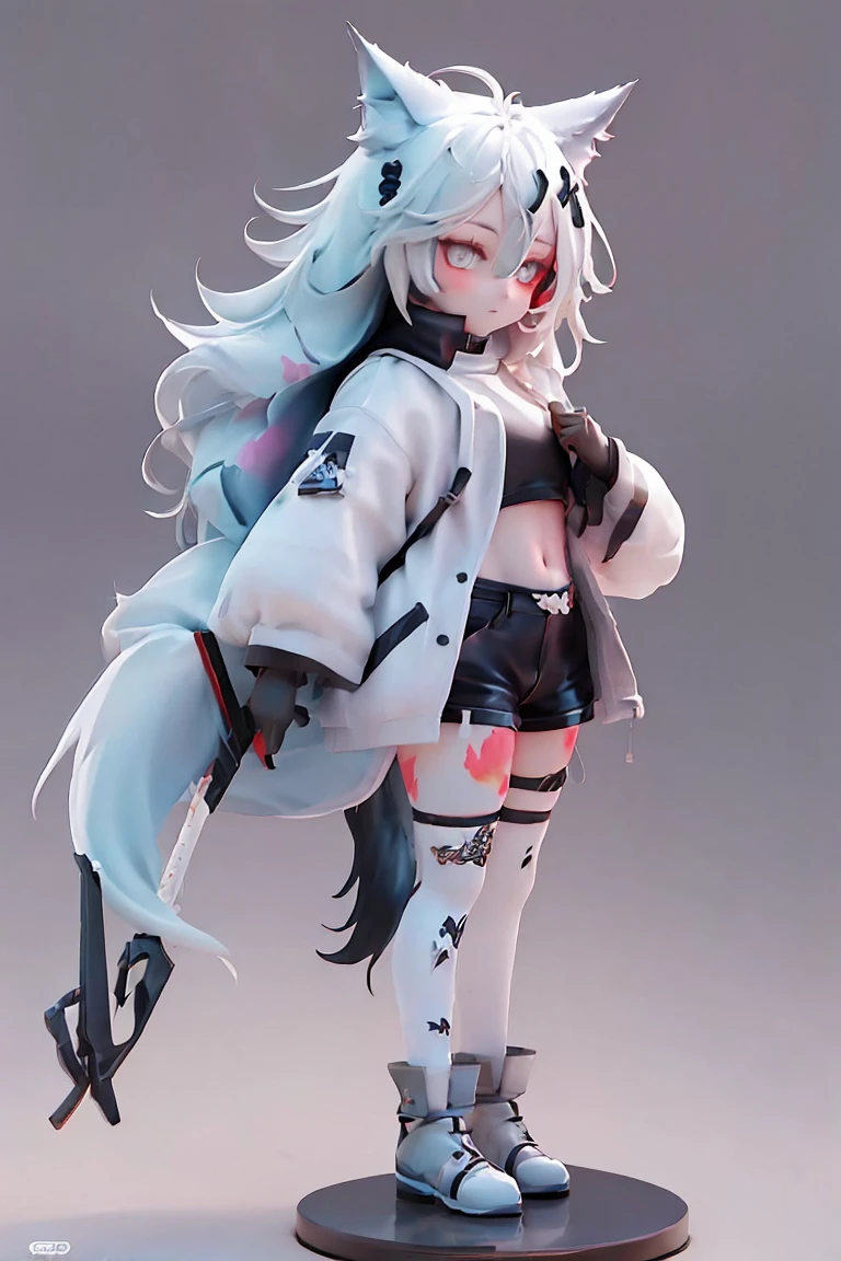 (Full body stand painting, Stand on your feet.), single, master-piece,Best qualtiy,10,1girll, bara,1girll, Wolf ears, Hair ornaments, My leg. , navel, black shorts, weapons, High neck, glove, Wolftail, illustration, paintbrush, White backgrounid, background, master-piece, bestquality, Beautiful Detailed Glow, beautiful detail eyes, midriff, Large forehead, Tshibi, Full Body Esbian