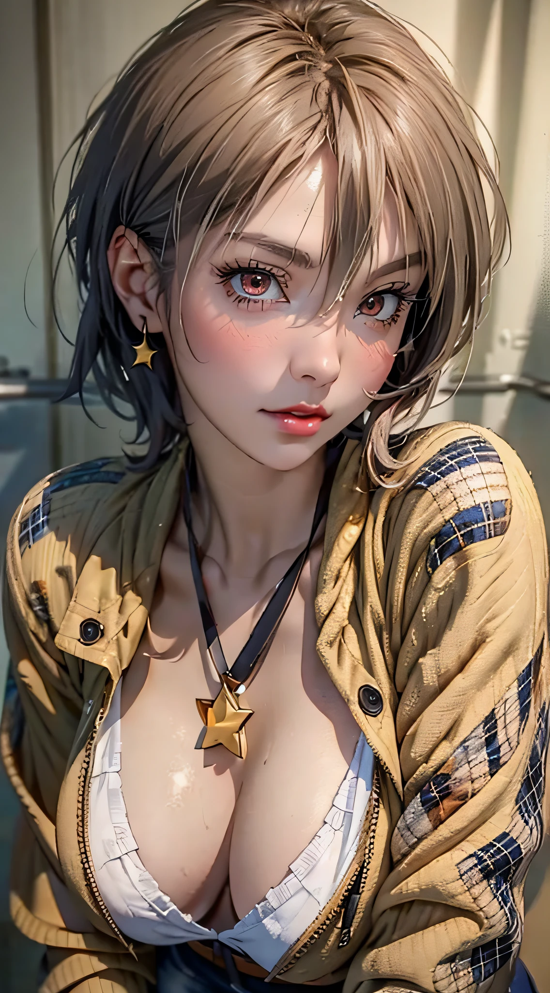 (NSFW),(((Superstar:1.3)))、best angle of view, drooing eyes、Glamorous、Professional Woman Photography、Lover's perspective,  Gentle sister、Beautiful mafia tanned woman photo, ((Punk style)),  ((blue and gold hoodie, ripped pale jeans,pink buckle、Peach-colored hair)), Realistic, Beautiful lips, Brown eyes, of the highest quality, Ultra Detail, trending on artstationh,  Mature beautiful face,winc