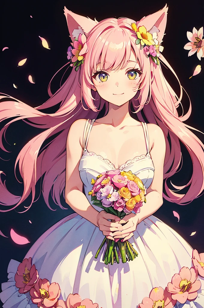 Cute, cat ears, pink, diagonally above, cute and gentle smile, (holding a bouquet of flowers so beautiful you can't see her hands: 1.5), girl, beautiful eyes, rich watercolor painting, colorful, (delicate details, complex composition) : 1.5) (very detailed) complex configuration: 1.5),