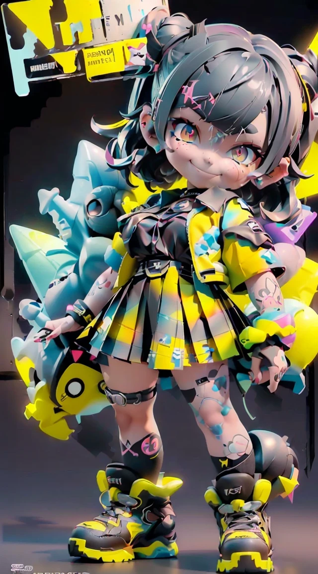 Cute little girl wrapped in clear plastic, chibi, Bright blue hair, ((medium short hair)), ((messy hair)), (Short Hair Hair), (((I unkempt))), ((large short double tail)), ((Smooth diagonal)), yellow eyes, Astigmatism, ((X-shaped pupils)), ((Thick eyebrows, opened mouth, (((Smile, smile., fanglack short sleeve shirt)), ((Pleated black miniskirt)), Needle Shocker, Pointed Ring, Black shoes, yellow wire, enormous breasts, ((No jacket)), brightly colored, tattoos, and light background, 3D Toys, Cyberpunk Style, 4d cinema, octanerender, 3D Models, collectible toys,Nerdrooid,Street Style,pixar,Big Shoes , Fashion Trends, close up shot, Yellow and black theme, Full body --ar 2:3 --niji 5 --Q 2 - S 100 - Expression style --s 2