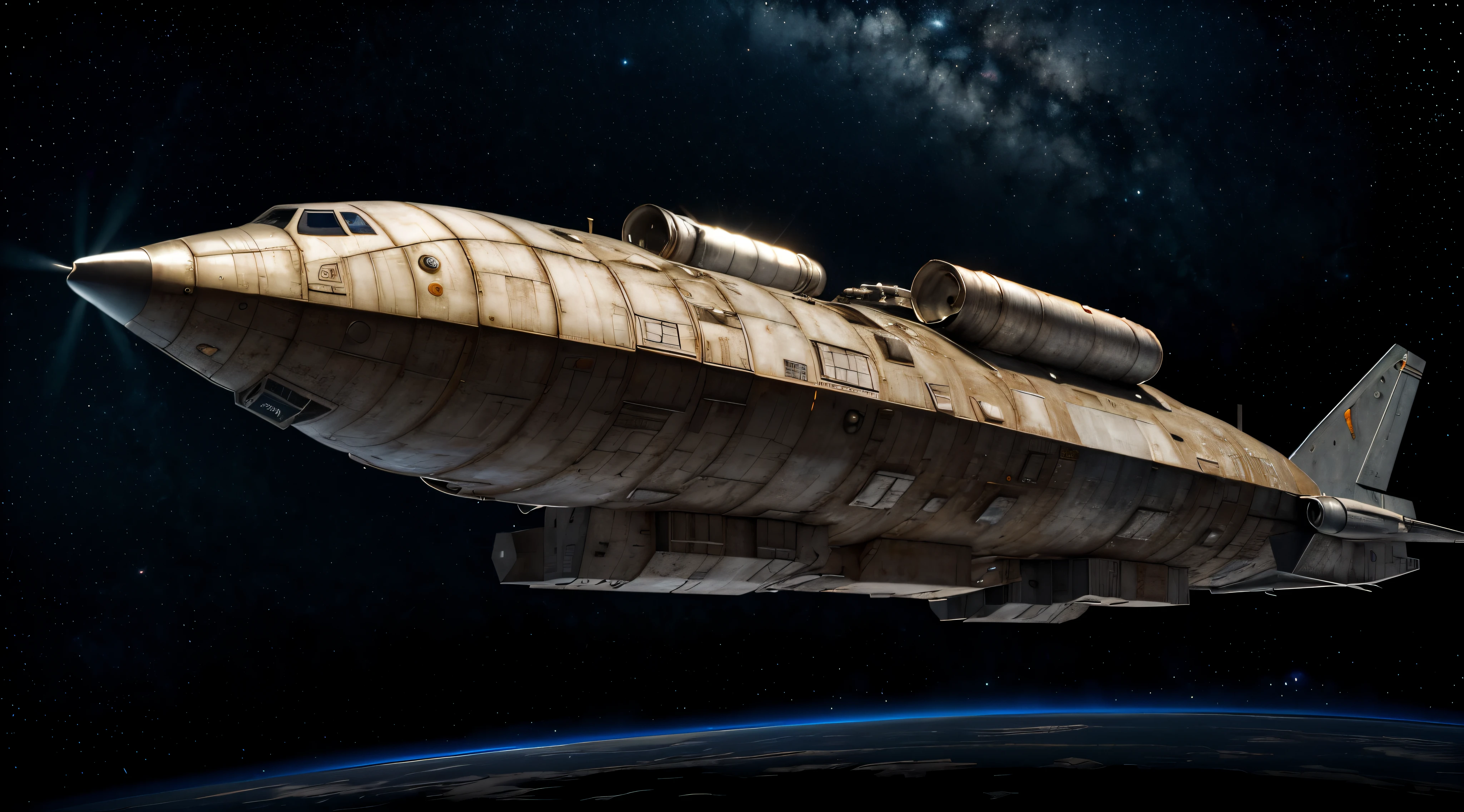 An ultra-detailed, realistic:1.37, metallic industrial texture portrays a large cargo spaceship in the full view of space. The spacecraft is adorned with retro fitter parts, representing a futuristic yet nostalgic atmosphere. The image showcases the best quality of 8k resolution and high resolution, making it a masterpiece:1.2 that exudes precision and intricacy. The color palette predominantly consists of cool metallic tones, reflecting the cold and industrial nature of the spaceship. The lighting captures the vastness of space, emphasizing the spaceship as the focal point while not obscuring any planets in the background.