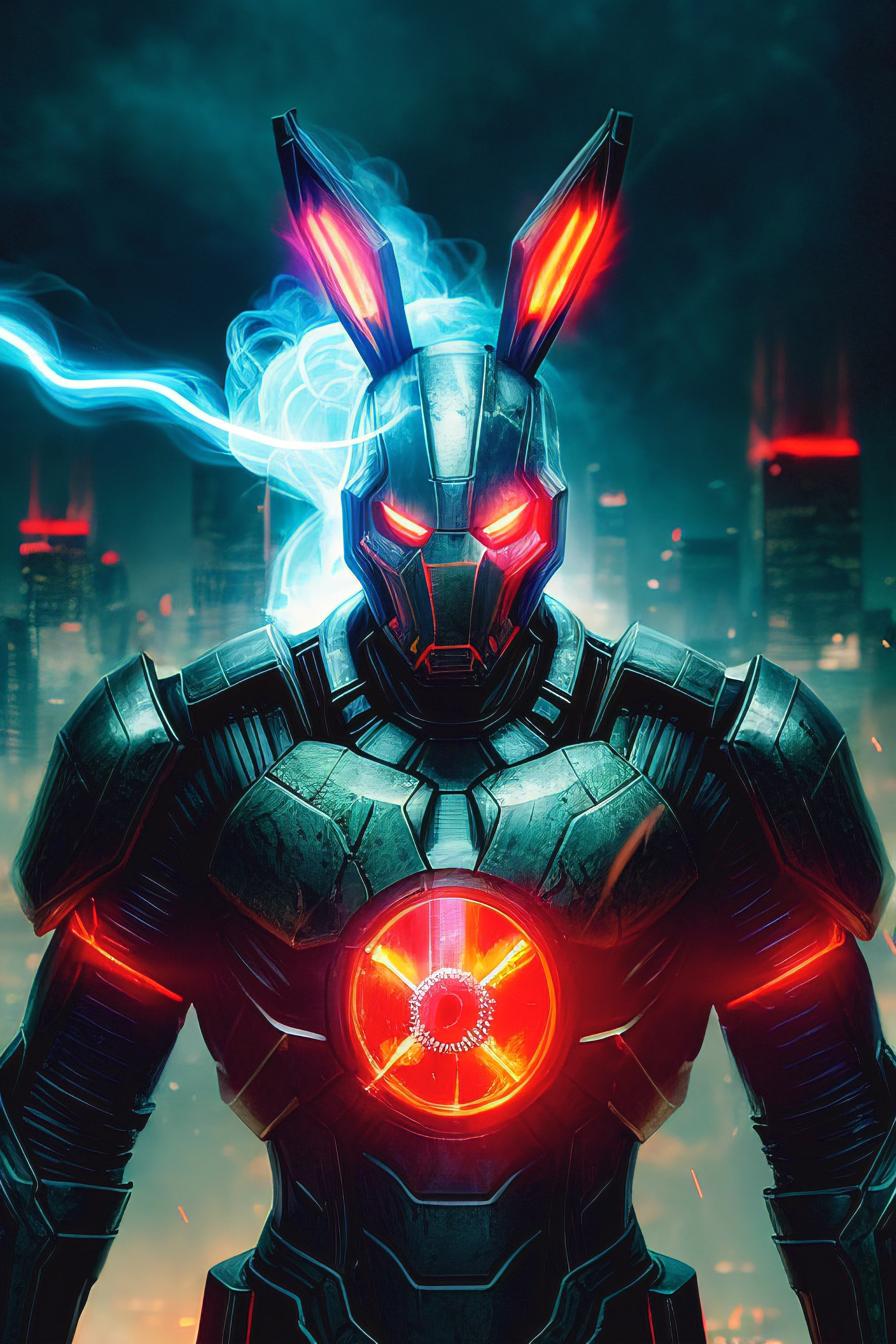 gloomy portrait of Iron rabbit Horseman of the Apocalypse from Marvel, extremely detailed, futuristic cityscape, nighttime, glowing neon lights, smoke, sparks, metal shavings, flying debris, red energy effects, volumetric light, high saturation