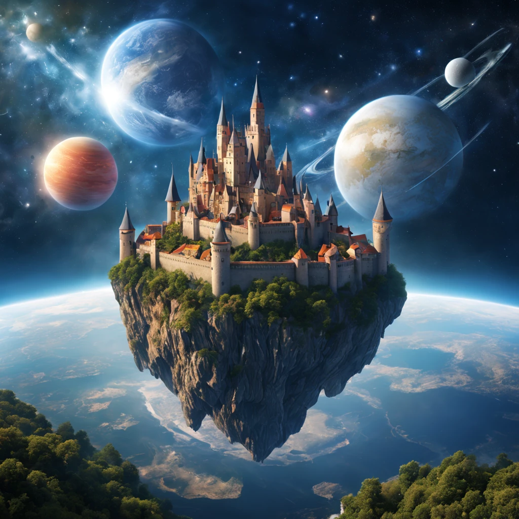 ((Medieval European castle floating in space)),Floating castle,A robot named Hiryu made of inorganic materials is flying around.,((Dragon rider in spacesuit)),beautiful and majestic scenery,,Earth seen from space,A dream-like scene that combines medieval and science fiction,solemn atmosphere of the Middle Ages,Sci-Fi Light Effects,planets and satellites visible in the distance,stardust,Starshine,Complex colors,​masterpiece
