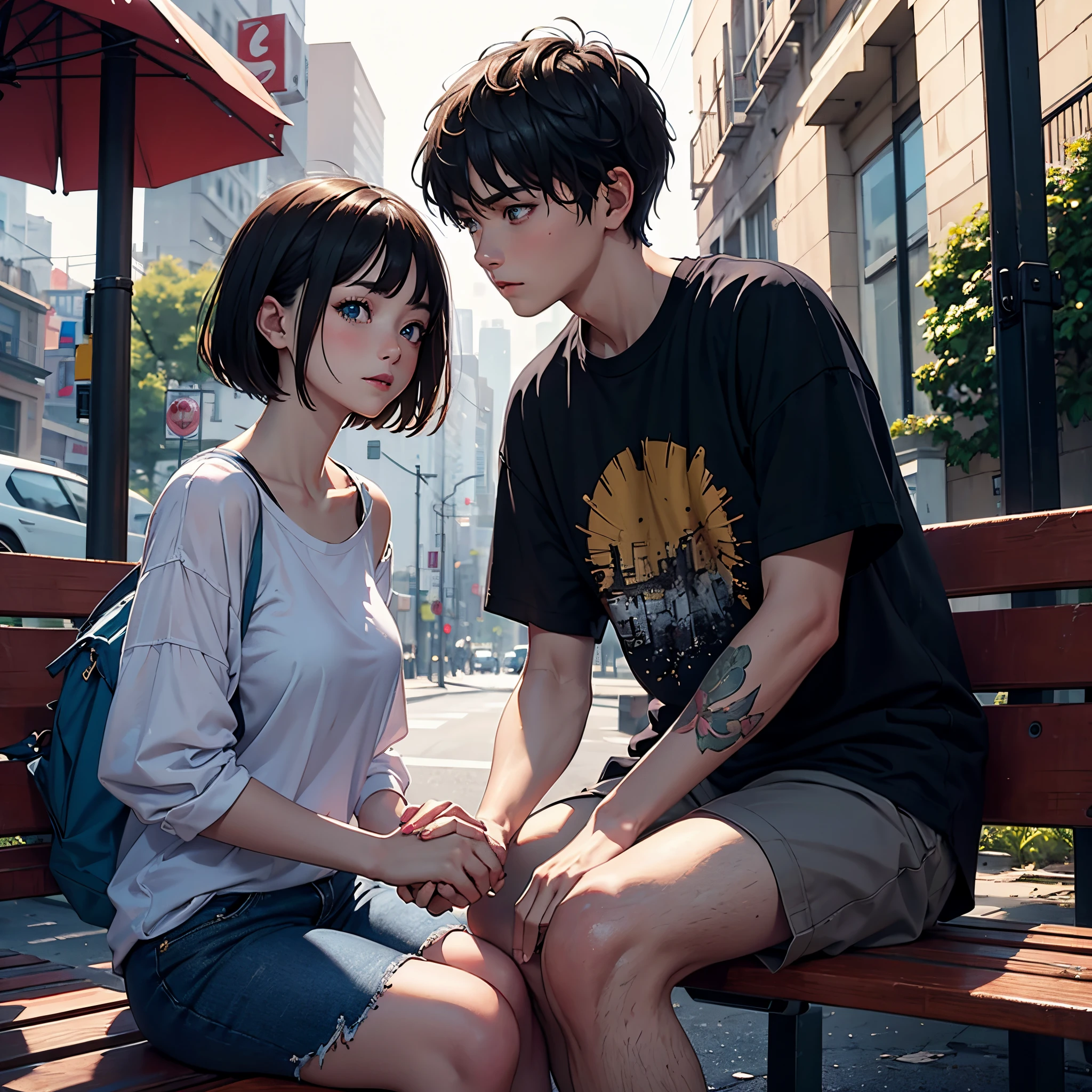 Couple, korean style, 1male, 1girl, side view, ridding roller coaster, playground, high res, ultrasharp, 8k, masterpiece, looking at vieweR
