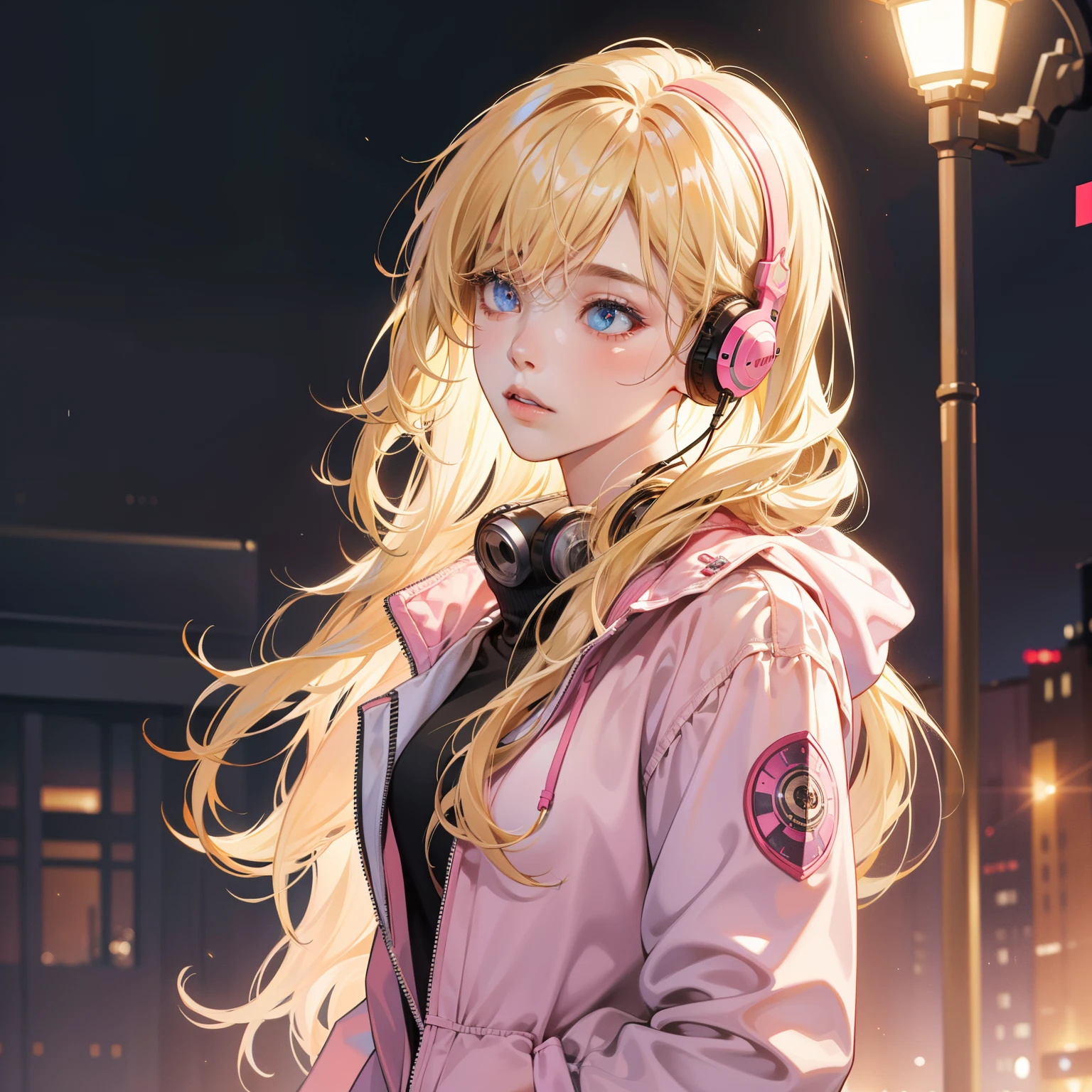 Masterpiece, high quality, best quality, HD, realistic, perfect lighting, detailed body, 1 woman, perfect eyes, long hair, blonde Hair, glowing, White pink jaket, music earphone girl