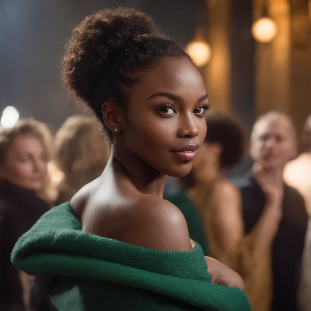 ((Dark African skin, Very deep ebony skin)), ((Its beauty undeniable)), ((Excited cute face)), ((Hyper detailed perfect eyes,)), ((pose mignonne)), ((Langue sortie)), ((Seductive )), sexy, ((dark green covering sweater, jeans, shopping bags)), ((Afro ponytail with long African curly hair,)), (( peau)), ((debout, vue de face)), ((toucher ses propres jambes dans une pose sexy)), ((The Hague, winter, cold, party, club, Ville publique, people in the background, disco lights)), Sharp Focus CGI, photoreallistic, High detail, Realstic, Masterpiece, absurdes, Best quality, Hdr, High quality, high-definition, Extremely detailed, 8k wallpaper, Intricate details, 8K UHD, Full-HD, (photo realist:1.2), contraste, intense illumination, lighting cinematic, natural lighting, veilleuse, Nuit, Illumination globale, Laughing out loud, a la piscine African women、Female sexy、people, the hague