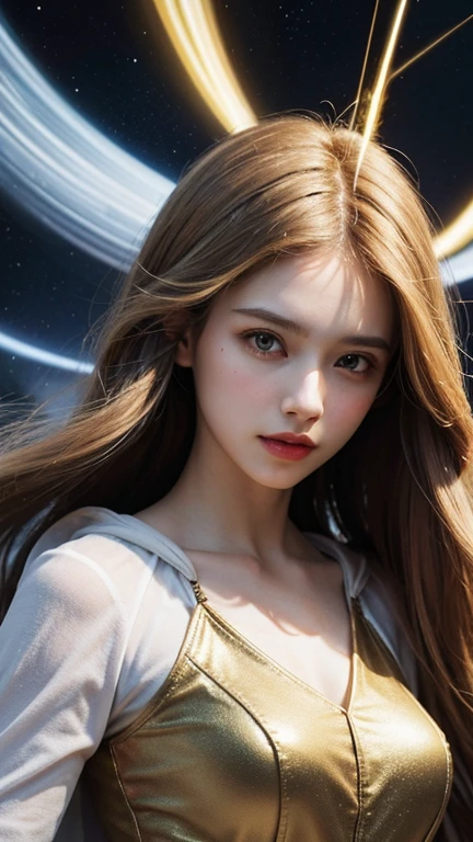 （tmasterpiece，quality，best qualityer，offcial art，Beauty and aesthetics：1.2），（1girll），extremy detailed，（s fractal art：1.3），rich colourful，highest details，s the perfect face，The upper part of the body，HDR，（DOA：1.3），（white cloak golden lines：1.2），galaxias，（light stre），striking visual effects，（dynamic streaks，Luminous trajectory：1.2），vivd colour，