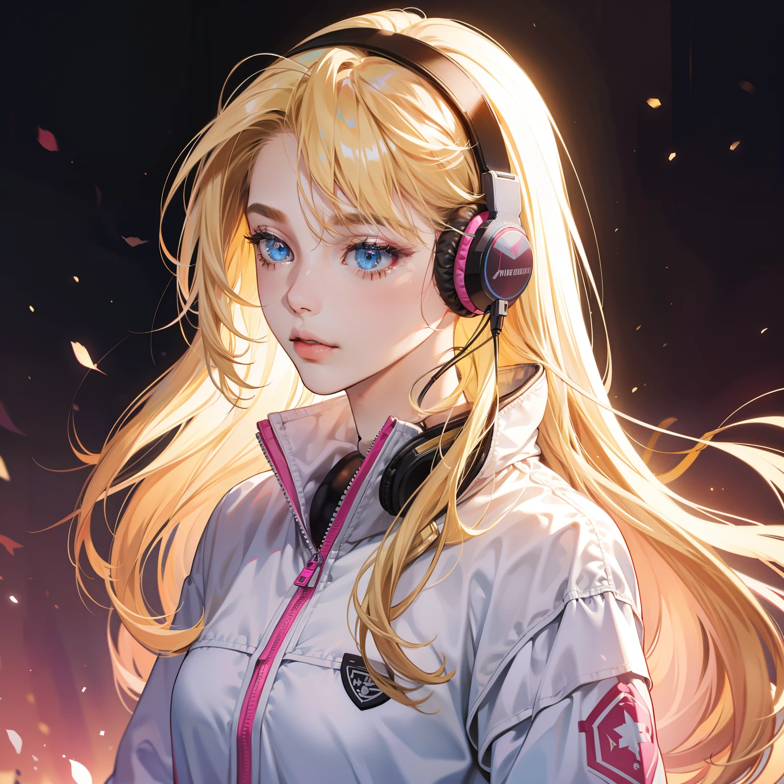 Masterpiece, high quality, best quality, HD, realistic, perfect lighting, detailed body, 1 woman, perfect eyes, long hair, blonde Hair, glowing, White pink jaket, music earphone girl