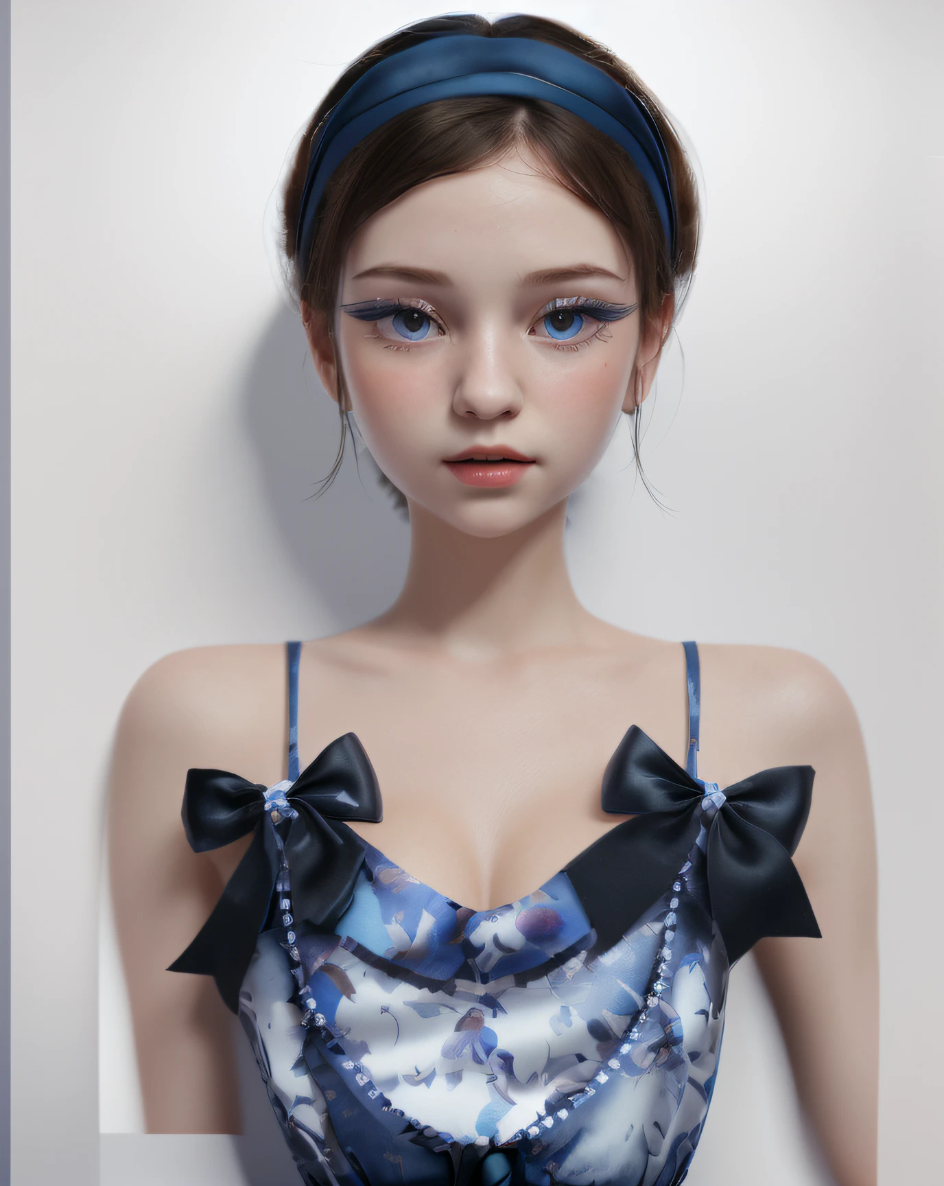 masterpiece, best quality, one girl, blue floral pattern outfit and black bow tie , game cg, detailed, white background