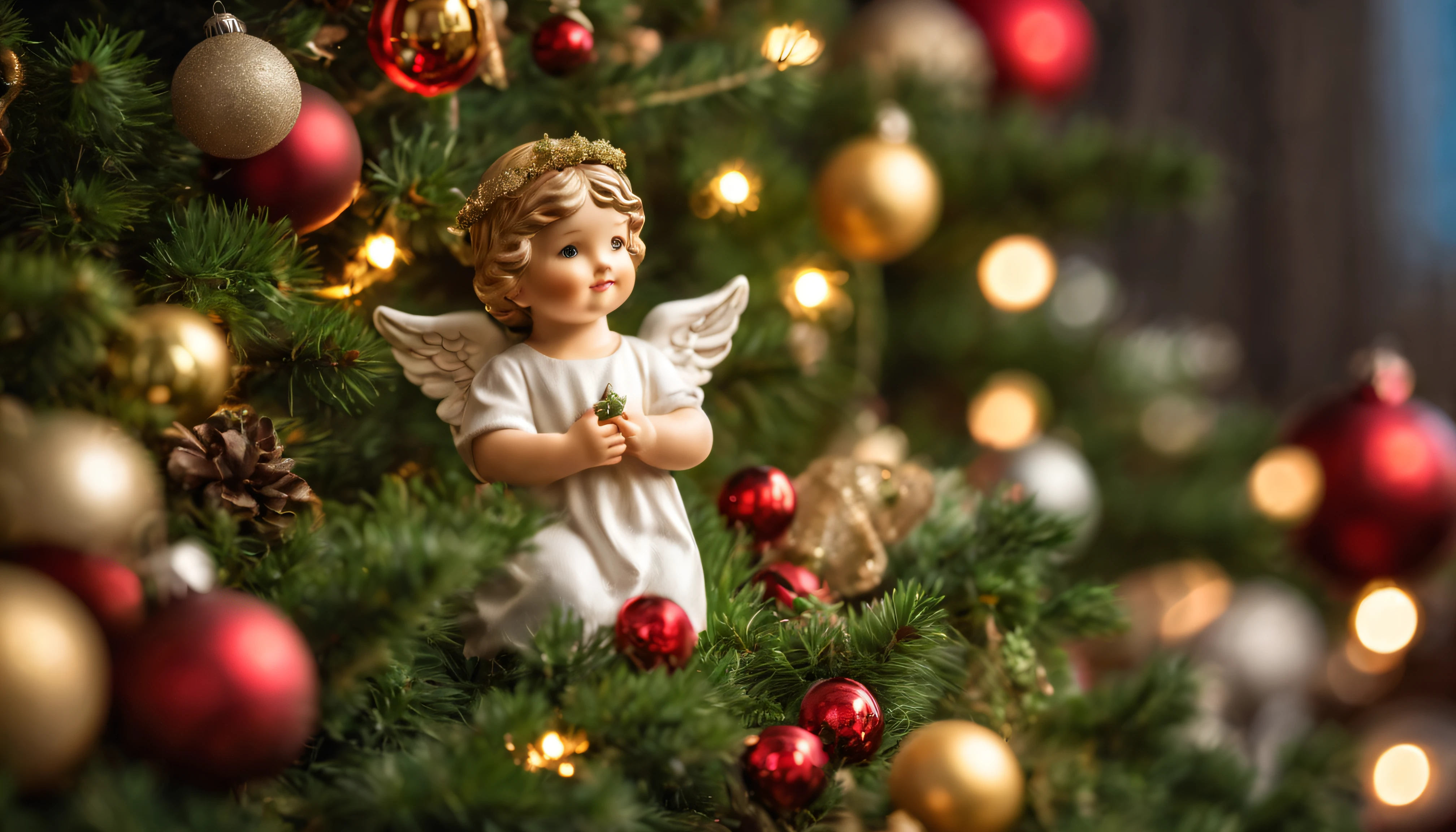 Breathtaking cinematic photo of a real Hyperrealistic christmas ((close-up photo)) of a beautiful stunning ((christmas tree: 1.5)) decorated with (((mistletoe))) and golden christmas tree decorations, ((little angel: 1.6)) figurine Christmas tree decoration, Christmas tree garlands, golden and red colored Christmas tree balls, ((angel figurines)), in the background multicolored led lights (red, blue, green, yellow), extremely high-resolution details, photorealism, realistic lifelike textures, masterpiece, best quality, sharp focus, photorealism, photorealistic, 8k, volumetric light, (intricate details), hdr, high detailed, high quality, soft cinematic light, dramatic atmosphere, atmospheric perspective, ultra realistic, neutral colors, cinematic lighting, wide angle, film grain, dslr, raw photo, photo,
