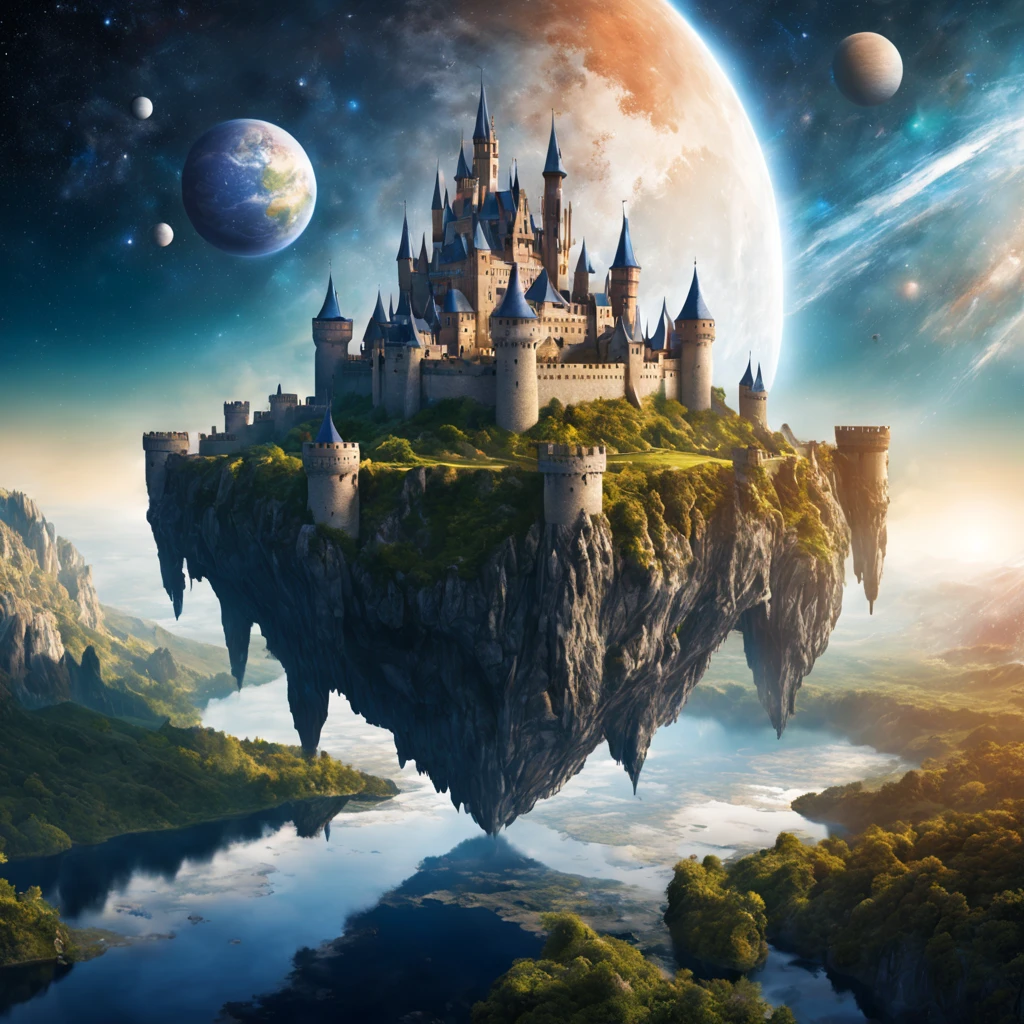 ((Medieval European castle floating in space)),Floating castle,A robot named Hiryu made of inorganic materials is flying around.,((Dragon rider in spacesuit)),beautiful and majestic scenery,,Earth seen from space,A dream-like scene that combines medieval and science fiction,solemn atmosphere of the Middle Ages,Sci-Fi Light Effects,planets and satellites visible in the distance,stardust,Starshine,Complex colors,​masterpiece