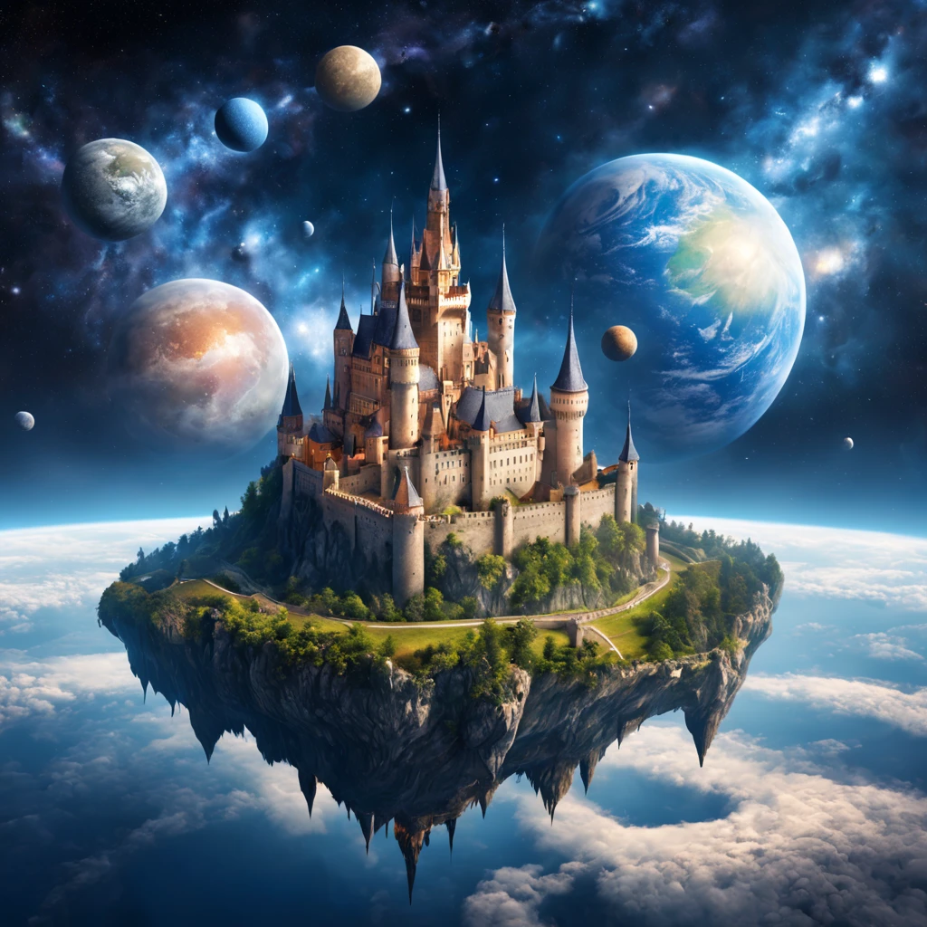 ((Medieval European castle floating in space)),Floating castle,A robot named Hiryu made of inorganic materials is flying around.,((Dragon rider in spacesuit)),beautiful and majestic scenery,,Earth seen from space,A dream-like scene that combines medieval and science fiction,solemn atmosphere of the Middle Ages,Sci-Fi Light Effects,planets and satellites visible in the distance,stardust,Starshine,Complex colors,​masterpiece