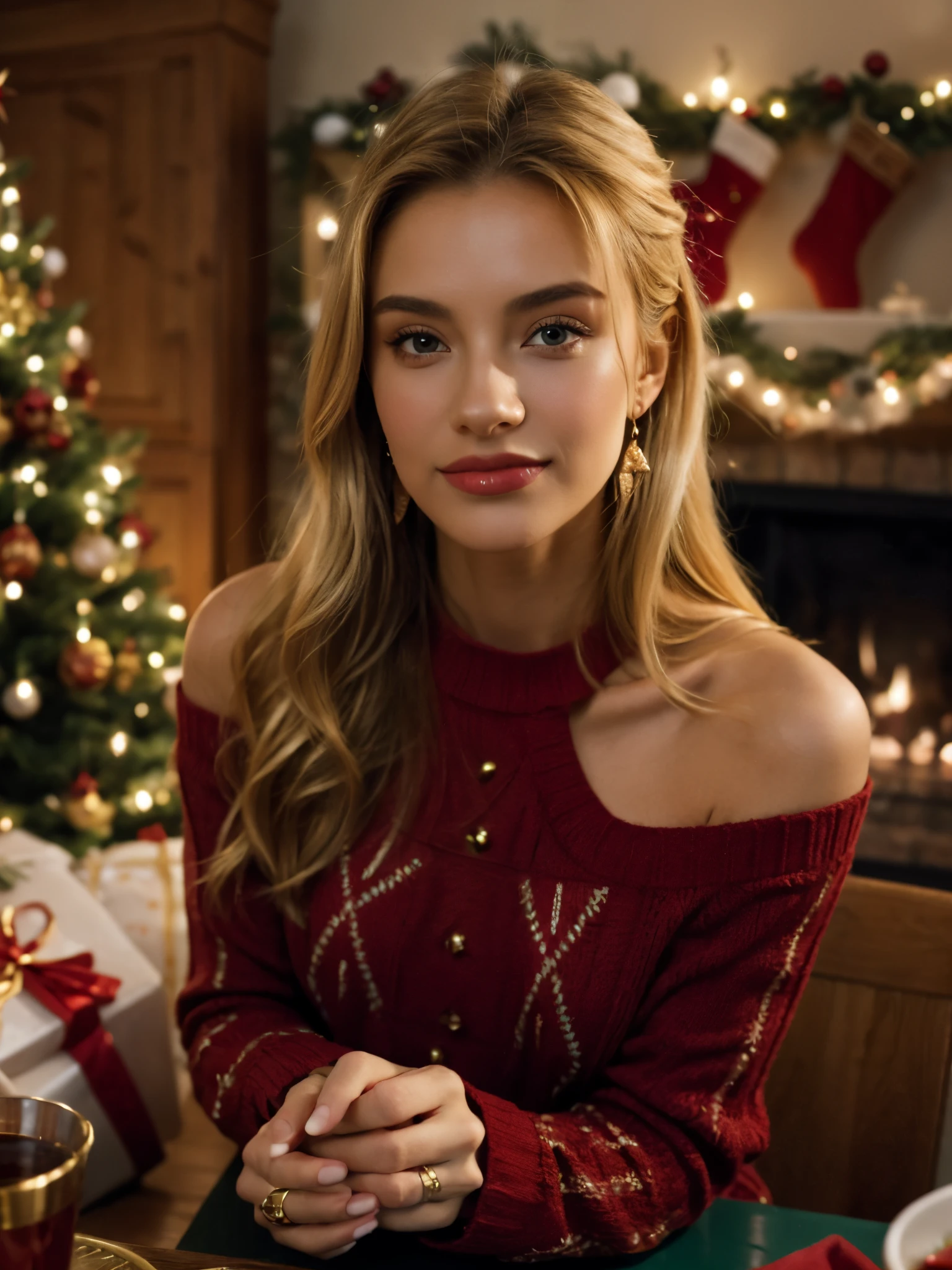 1girl, jewelry, blonde hair, red sweater, solo, looking at viewer, sweater, long hair, earrings, christmas tree, gift, own hands together, indoors, blurry, blurry background, sitting, realistic, christmas, table, ring, box,gift box, off-shoulder sweater, bare shoulders, off shoulder, chair,  shoulder cutout, christmas ornaments, fireplace, long sleeves, cup