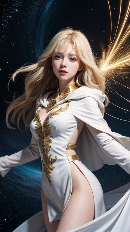 （tmasterpiece，quality，best qualityer，offcial art，Beauty and aesthetics：1.2），（1girll），extremy detailed，（s fractal art：1.3），rich colourful，highest details，s the perfect face，The upper part of the body，HDR，（DOA：1.3），（white cloak golden lines：1.2），galaxias，（light stre），striking visual effects，（dynamic streaks，Luminous trajectory：1.2），vivd colour，