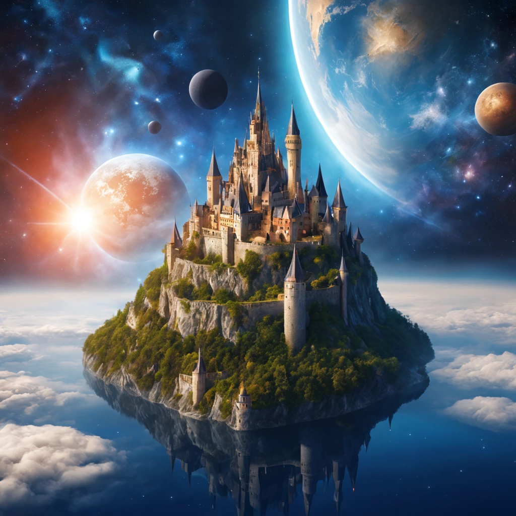 ((Medieval European castle floating in space)),Floating castle,A robot named Hiryu made of inorganic materials is flying around.,((Dragon rider in spacesuit)),beautiful and majestic scenery,,Earth seen from space,A dream-like scene that combines medieval and science fiction,solemn atmosphere of the Middle Ages,Sci-Fi Light Effects,planets and satellites visible in the distance,stardust,Starshine,Complex colors,​masterpiece