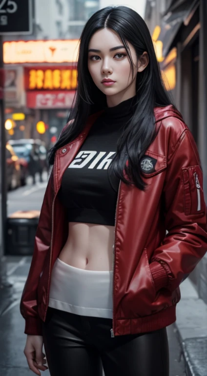(A beautiful 25 years old female), (long black hair), (pale skin), (detailed sweaty appearance), (serious face), (wearing red jacket and black pants), view from front, waist up shot, dynamic pose, ambient lighting, photo realism, intricate face detail, intricate hand details, highly detailed, vibrant colors, picture taken with canon 5D mark IV, with canon16-35mm f/4 lenses, cinematic, high definition, trending on Artstation--style raw