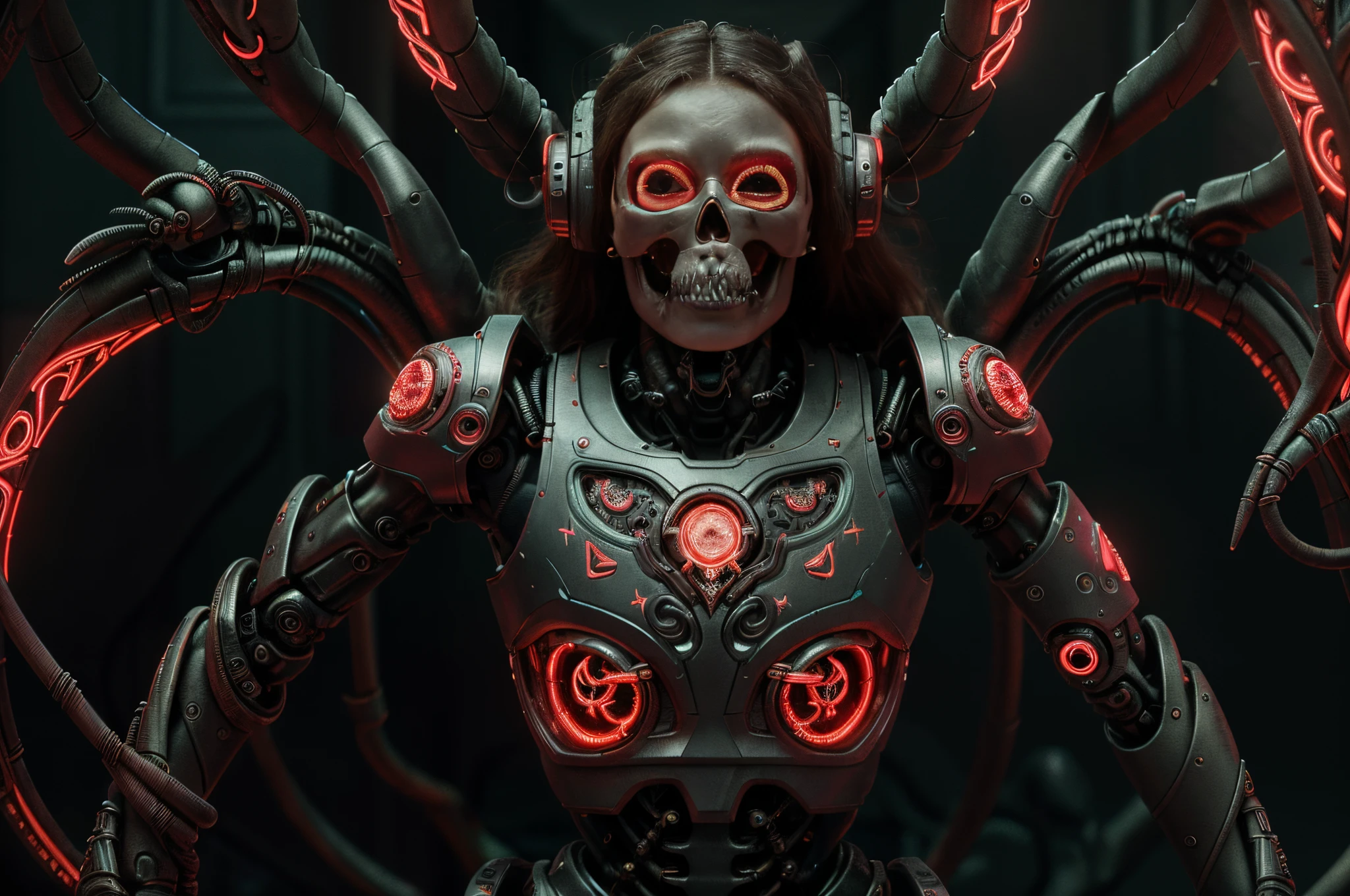 complex 3d render ultra detailed beautiful death angel, biomechanical cyborg, analog 150 mm lens, beautiful natural soft rim light, neon vein, roots, fine foliage lace, colorful details, Boris Bidjan Saberi outfit, pearl earrings, piercing, art nouveau fashion embroidered, intricate details, mesh wire, mandelbrot fractal, facial muscles, cable wires, microchip, badass, hyper realistic, ultra detailed, octane render, volumetric lighting, 8k post-production, red and white with a bit of black, detailled metalic bones, semi human, iridescent colors, Glenn Brown style, futuristic room, power of the god, high-angle shot, complex body poses