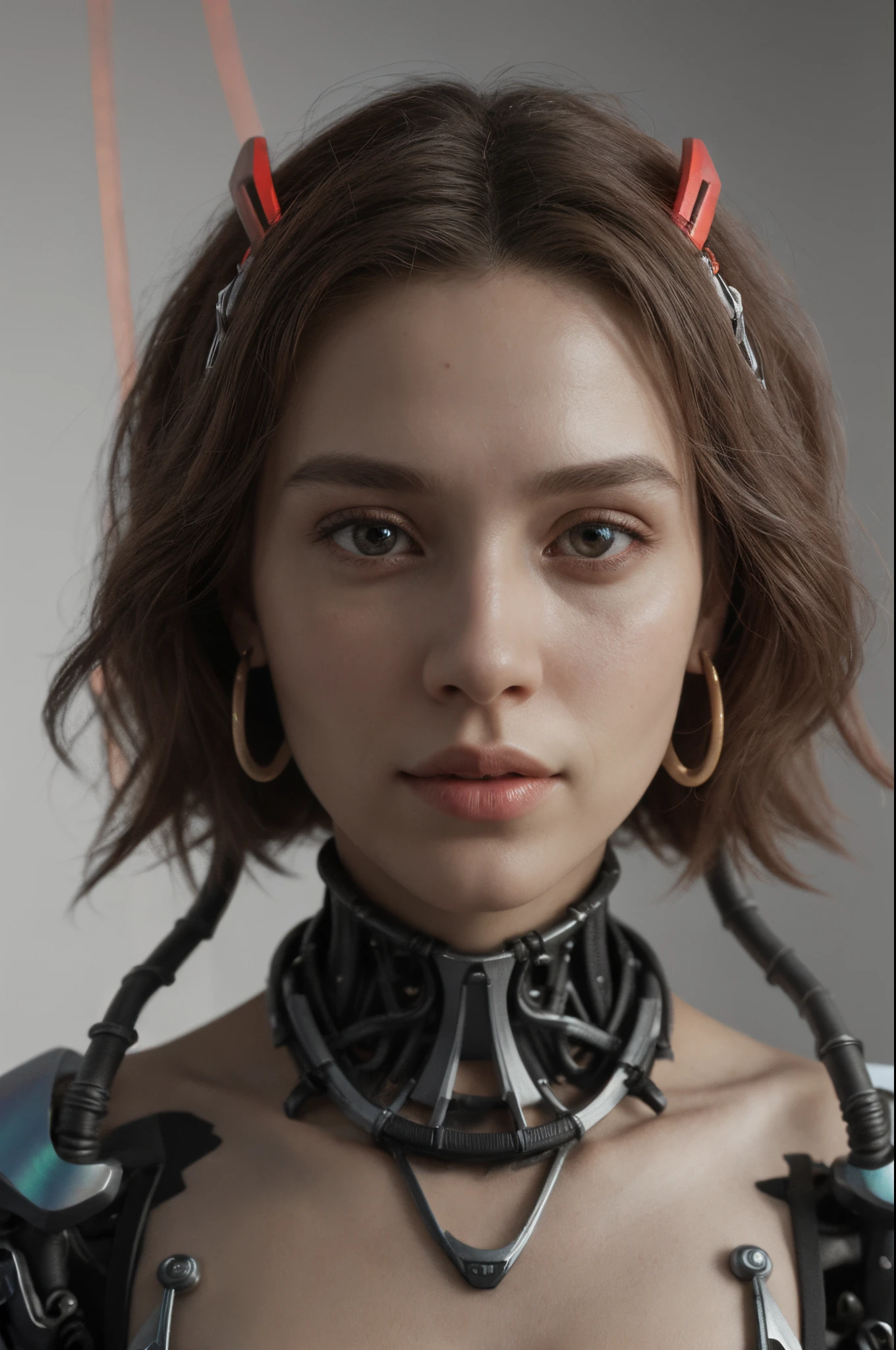 complex 3d render ultra detailed beautiful death angel, biomechanical cyborg, analog 150 mm lens, beautiful natural soft rim light, neon vein, roots, fine foliage lace, colorful details, Boris Bidjan Saberi outfit, pearl earrings, piercing, art nouveau fashion embroidered, intricate details, mesh wire, mandelbrot fractal, facial muscles, cable wires, microchip, badass, hyper realistic, ultra detailed, octane render,  volumetric lighting, 8k post-production, red and white with a bit of black, detailled metalic bones, semi human, iridescent colors, Glenn Brown style, futuristic room, power of the god, high-angle shot, complex body poses