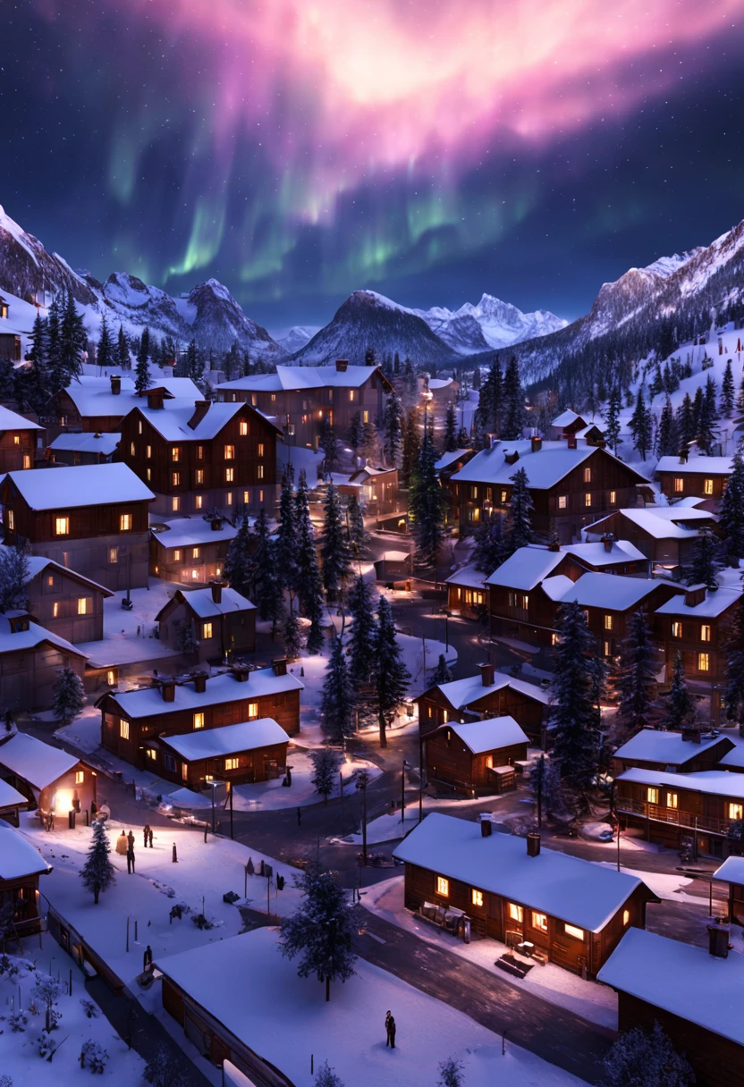 This is a surreal CG rendering of a Swiss town。Iridescent auroras shine in the sky on the snow,The aurora swoops down like a phoenix,shuttle train,snow landscape,snowflower,Lighting effects and countless shining stars in the sky,Vray rendering,high detal,Realistic 8K,Surreal CG rendering,4K Ultra Clear