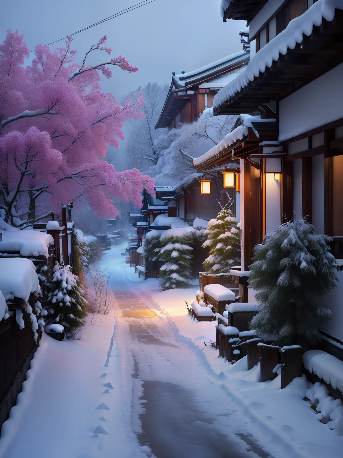 Snow road in Japanese village,There is a pink tree in the snow, Snowy winter, Snow in winter, beautiful scence, snow glow, nevando, author:Ma Yuanyu, Winter in the snow, blanketed in a mantle of snow, Cold but beautiful, author:Hero, yuki, Beautiful images, light snowing, Japan Village, winter setting, Beautiful and detailed scenes, (yuki)