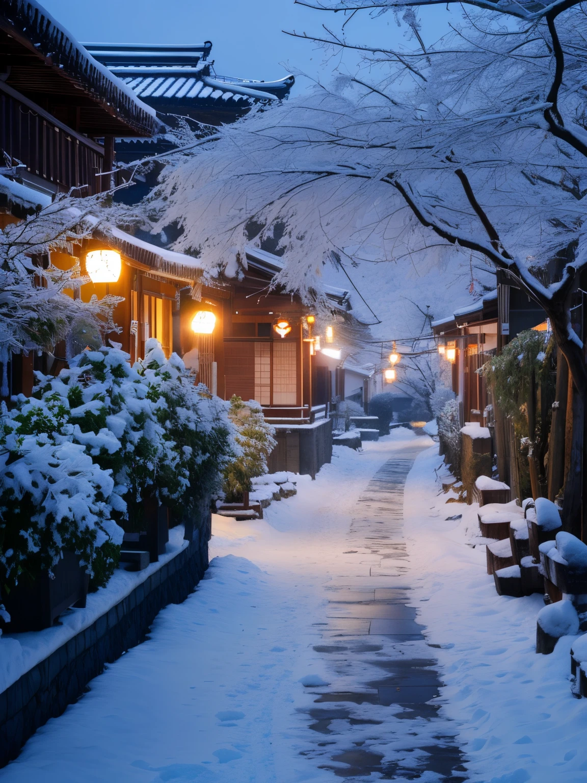 Snow road in Japanese village,Lanterns and snow-covered trees, winter setting, Snowy winter, Japan Village, snow glow, Snow in winter, Snowy Land, yuki, snowy night, The beautiful!!, (yuki), blanketed in a mantle of snow, beautiful winter area, Beautiful images, Japan town, nevando, !!The beautiful!!, Japan street, Cold but beautiful, Winter in the snow, glowing snow