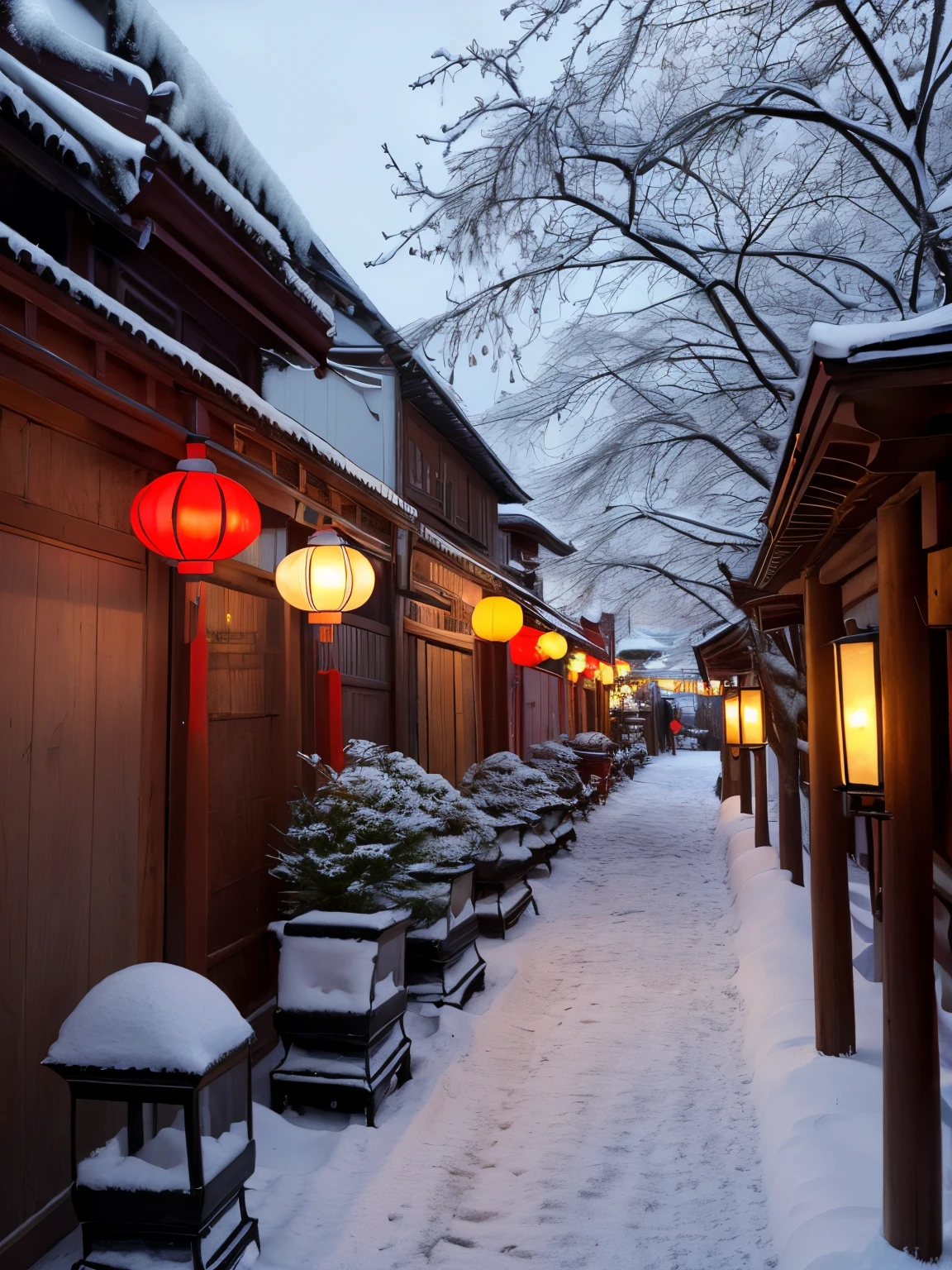 Lanterns hang on the streets，There is snow on the ground, Dream China Town, Chinese, China Village, Snowy winter, Snow covered colorful red, blanketed in a mantle of snow, perfect lighting in a snow storm, nevando, Red lanterns, Winter in the snow, Snow in winter, during snowfall, Lanterns at night, yuki, winter setting, Lanterns on the roadside sparkle