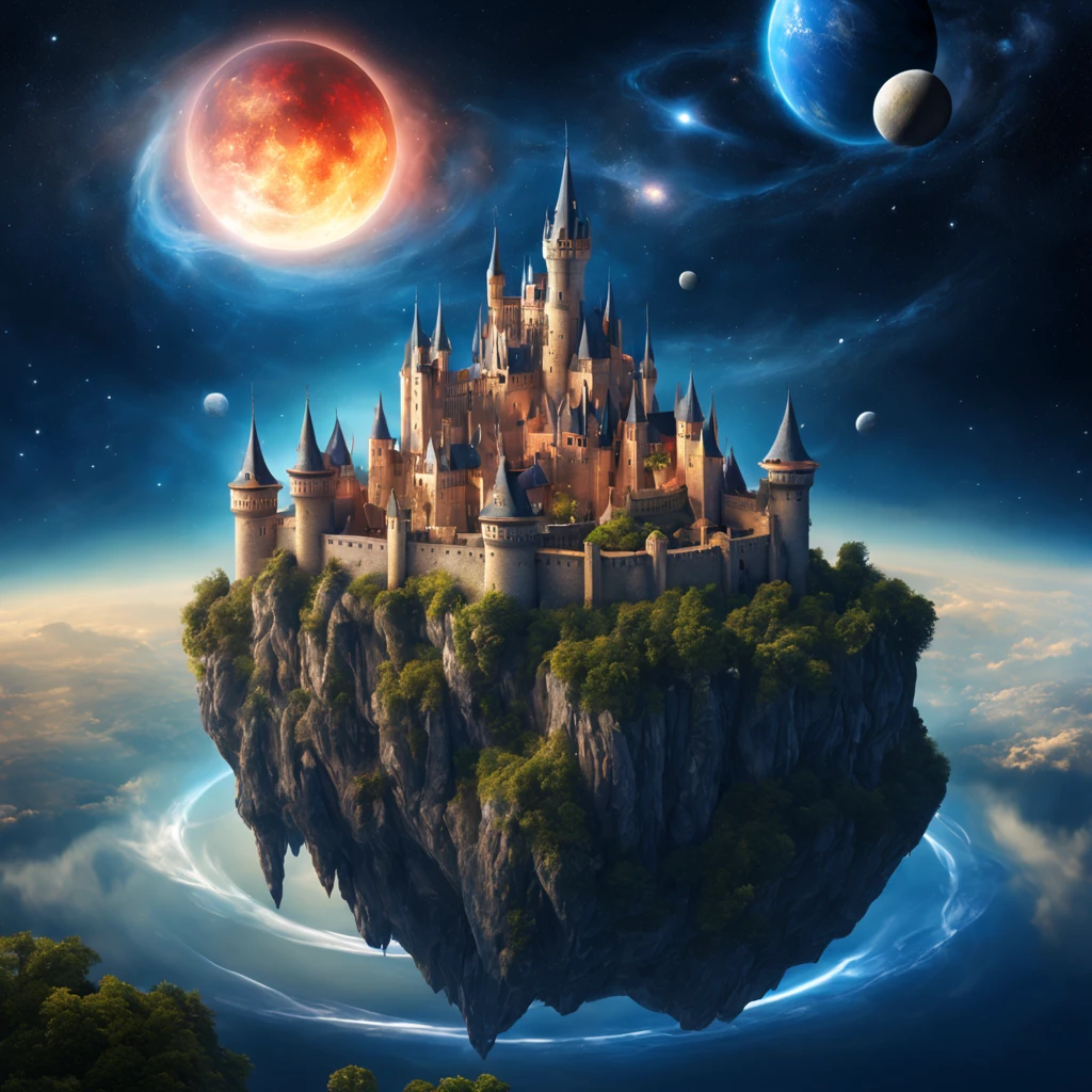 ((Medieval European castle floating in space)),Floating castle,A robot named Hiryu made of inorganic materials is flying around.,((Dragon rider in spacesuit)),beautiful and majestic scenery,,Earth seen from space,A dream-like scene that combines medieval and science fiction,solemn atmosphere of the Middle Ages,Sci-Fi Light Effects,planets and satellites visible in the distance,stardust,Starshine,Complex colors,​masterpiece