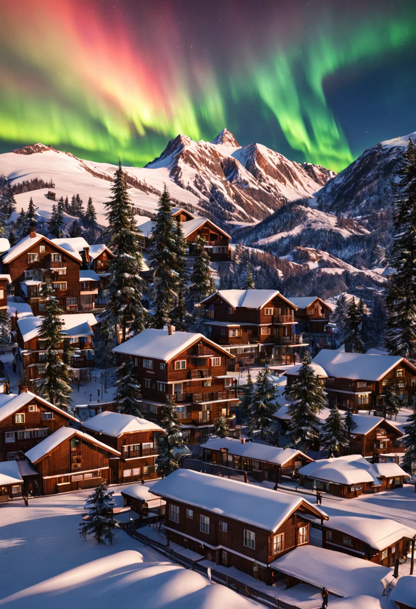 This is a hyper-realistic CG rendering of a Swiss town。Rainbow-colored aurora shines in the sky over the snow,Aurora swoops down like a phoenix,Shuttle trains,snow landscape,snowflower,Light effects and countless shining stars in the sky,Vray rendering,high detal,Realistic 8K,Surreal CG rendering,4K Ultra Clear