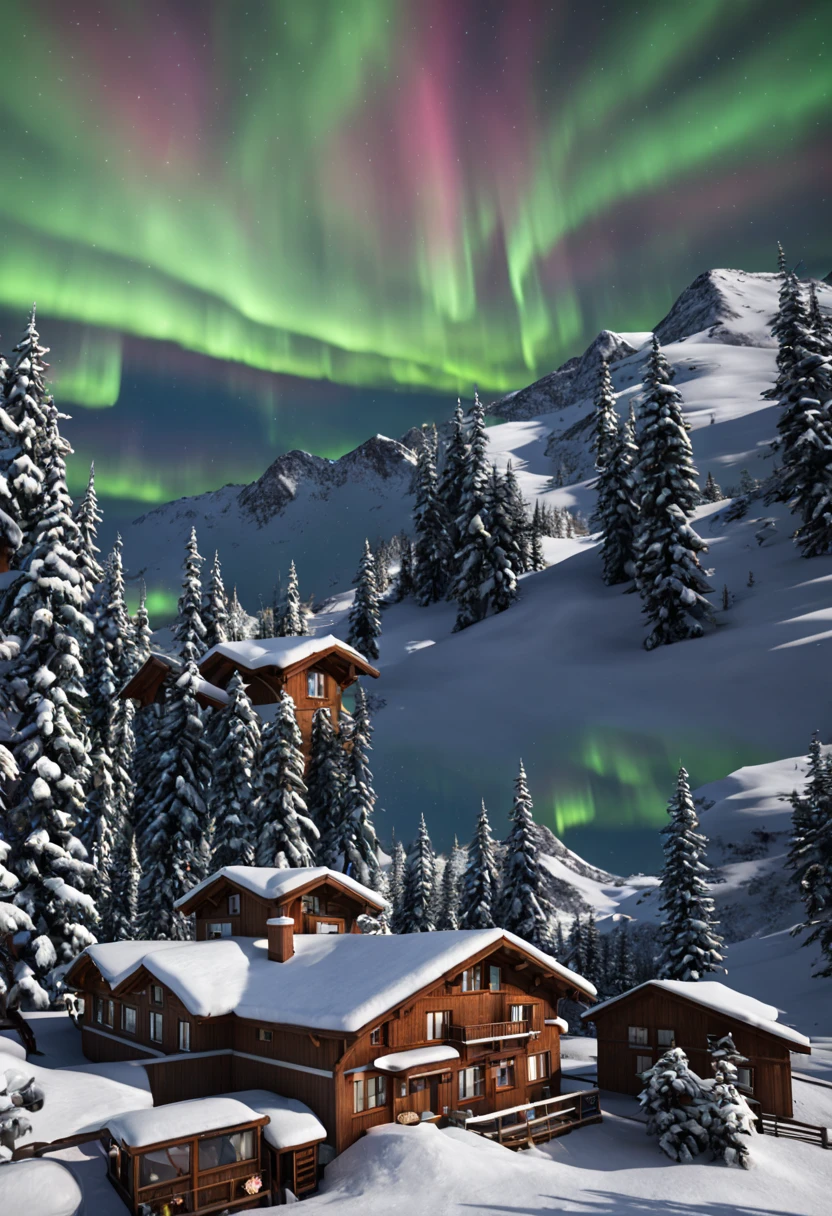 This is a hyper-realistic CG rendering of a Swiss town。Rainbow-colored aurora shines in the sky over the snow,Aurora swoops down like a phoenix,Shuttle trains,snow landscape,snowflower,Light effects and countless shining stars in the sky,Vray rendering,high detal,Realistic 8K,Surreal CG rendering,4K Ultra Clear