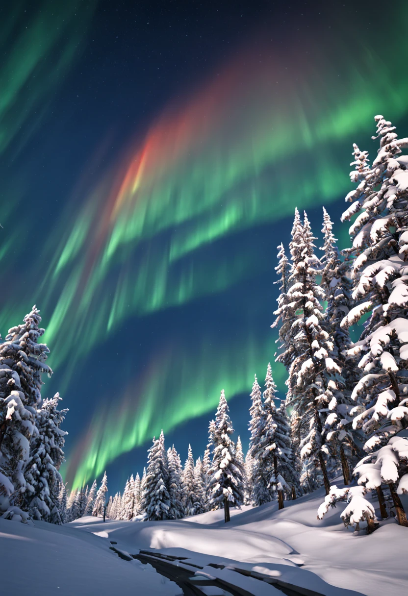 This is a hyper-realistic CG rendering of a Swiss town。Rainbow-colored aurora shines in the sky over the snow,Aurora swoops down like a phoenix,Shuttle trains,snow landscape,snowflower,Light effects and countless shining stars in the sky,Vray rendering,high detal,Realistic 8K,Surreal CG rendering,4K Ultra Clear